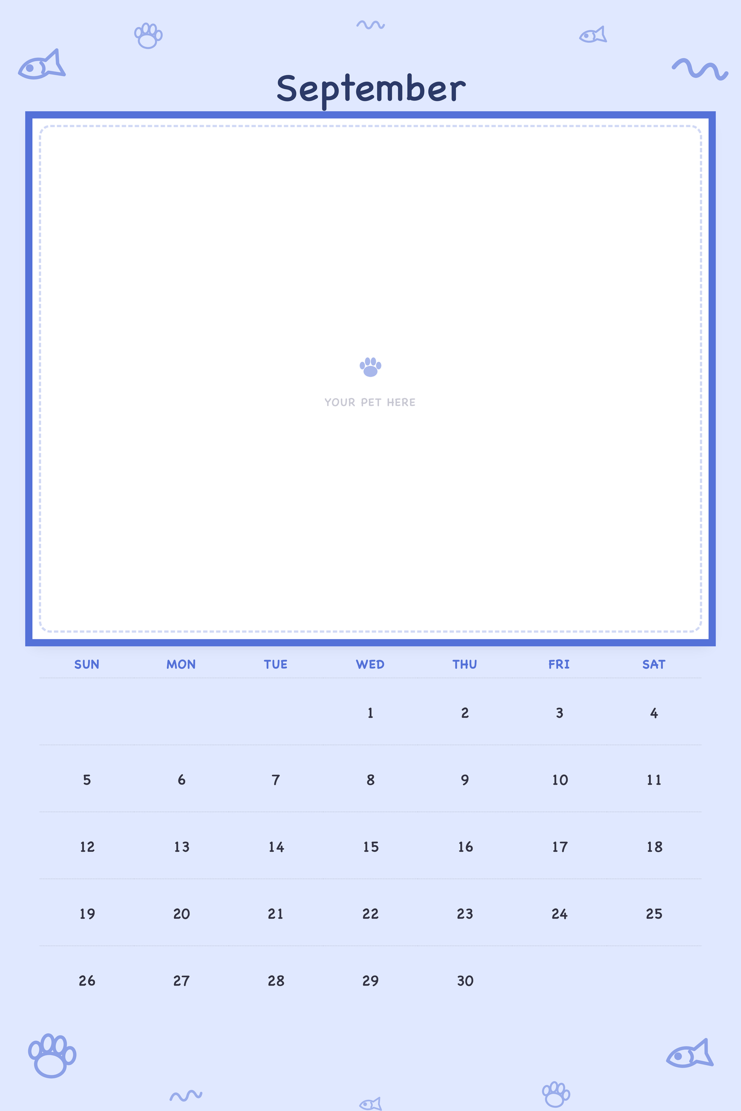September page of the Personalized Pet Photo Calendar 2027 — XL Playful Doodle, with a photo area above the date grid