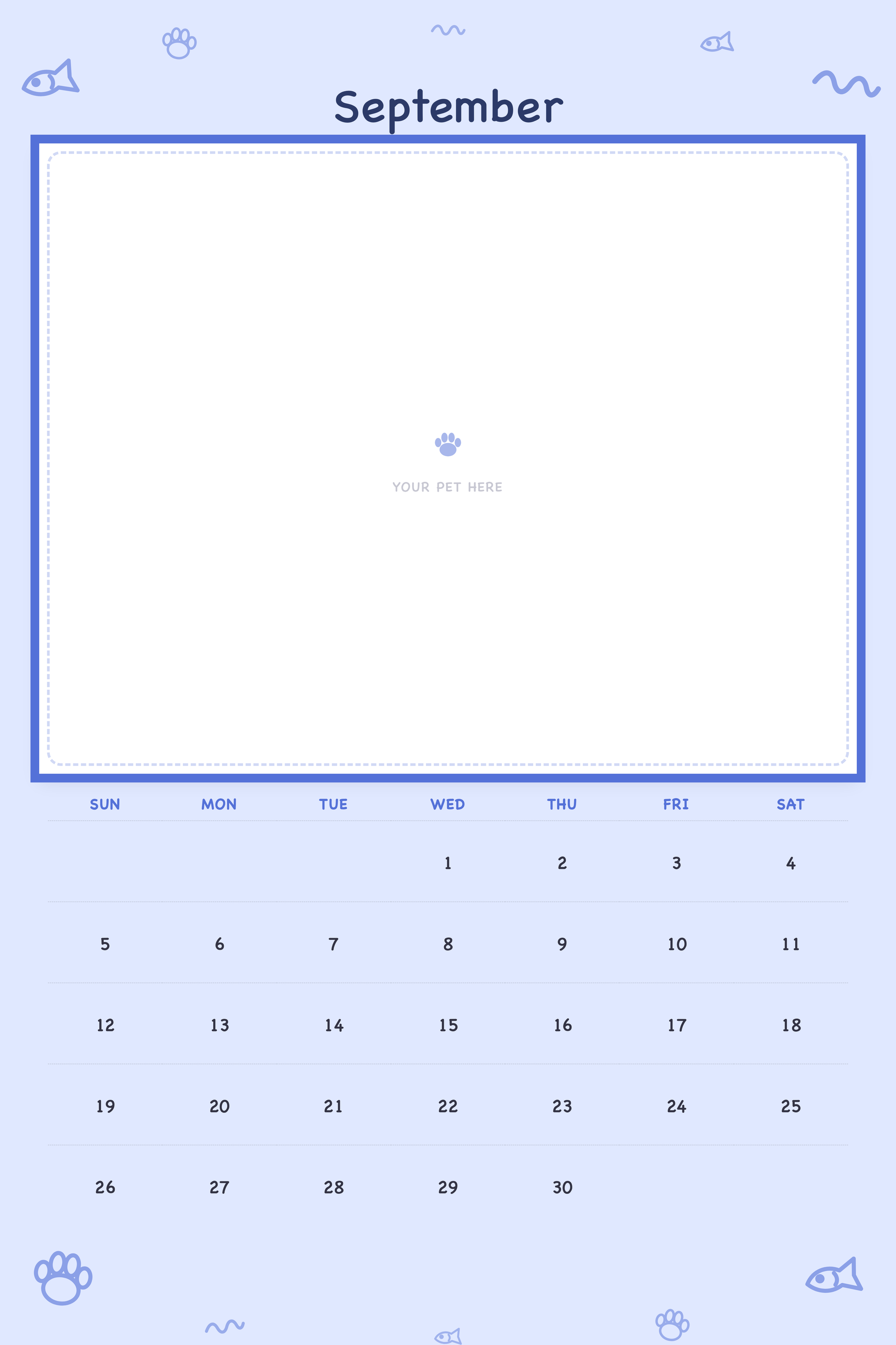 September page of the Personalized Pet Photo Calendar 2027 — XL Playful Doodle, with a photo area above the date grid