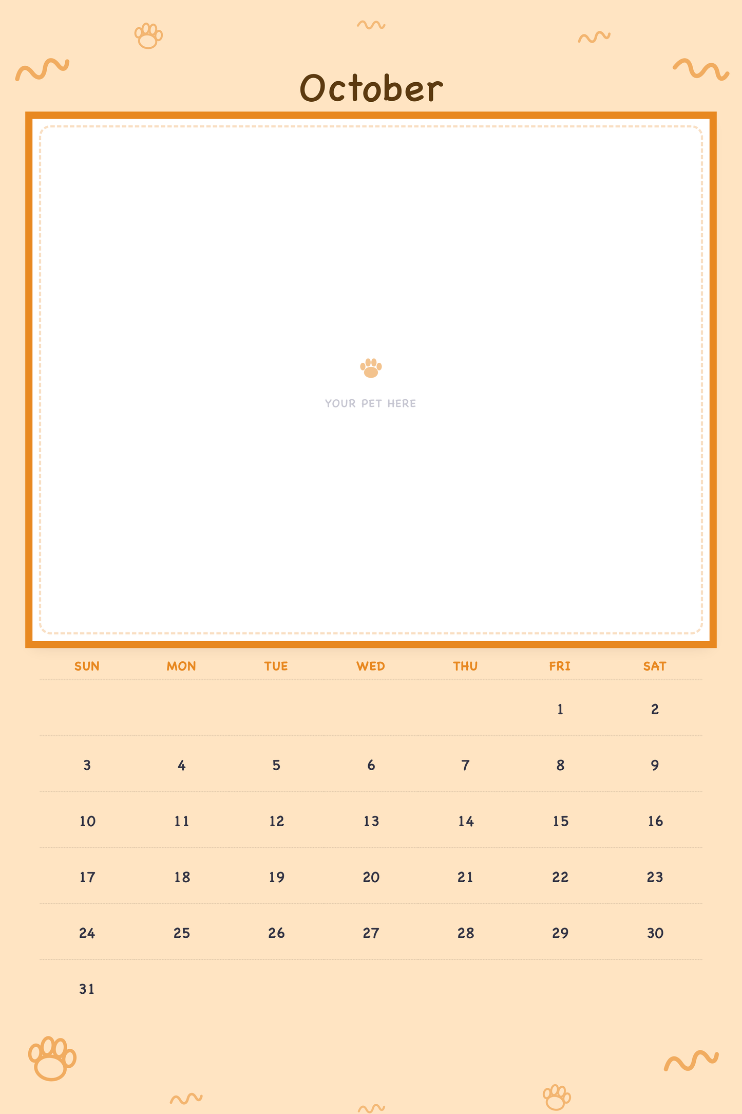 October page of the Personalized Pet Photo Calendar 2027 — XL Playful Doodle, with a photo area above the date grid