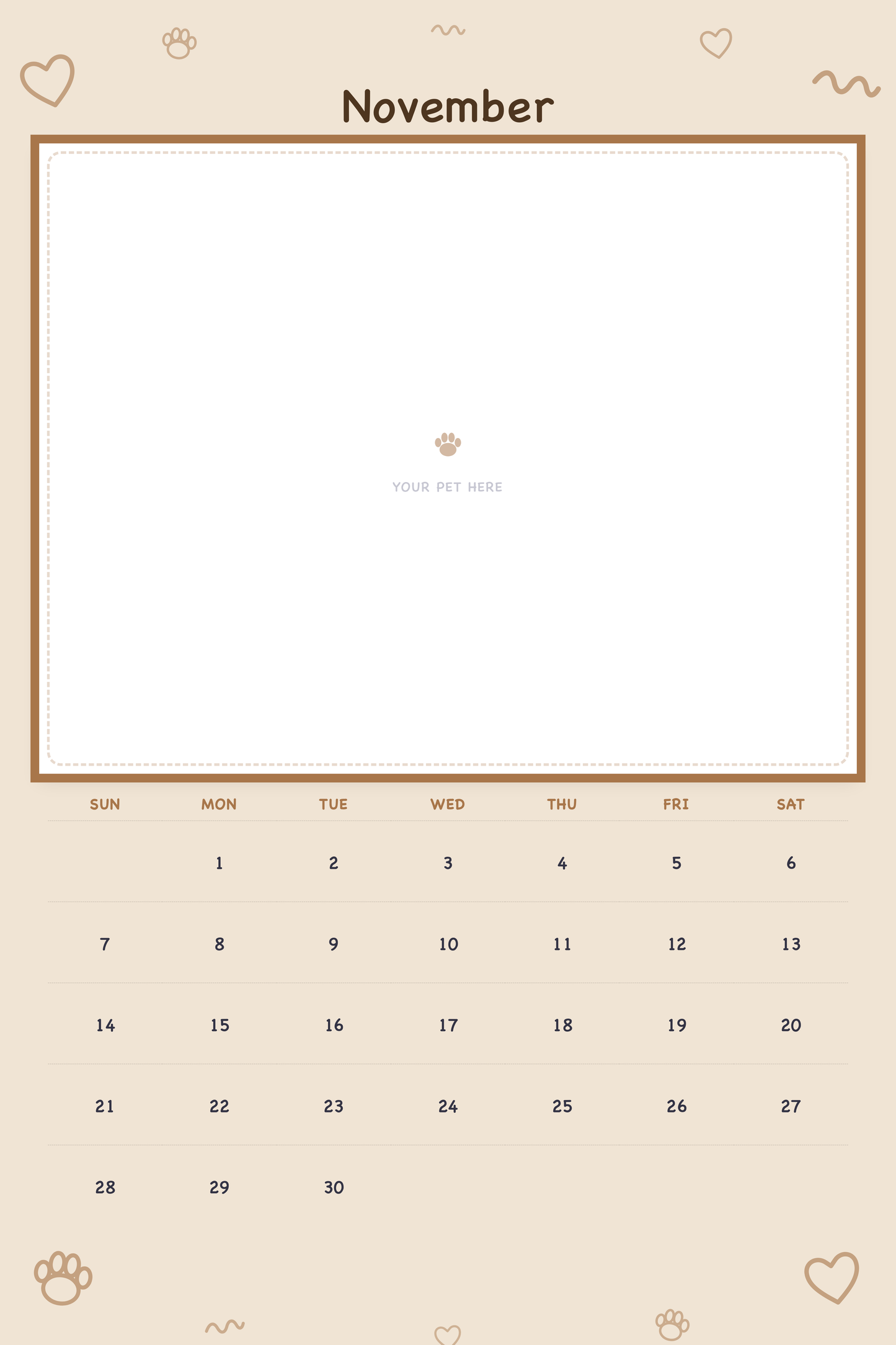 November page of the Personalized Pet Photo Calendar 2027 — XL Playful Doodle, with a photo area above the date grid