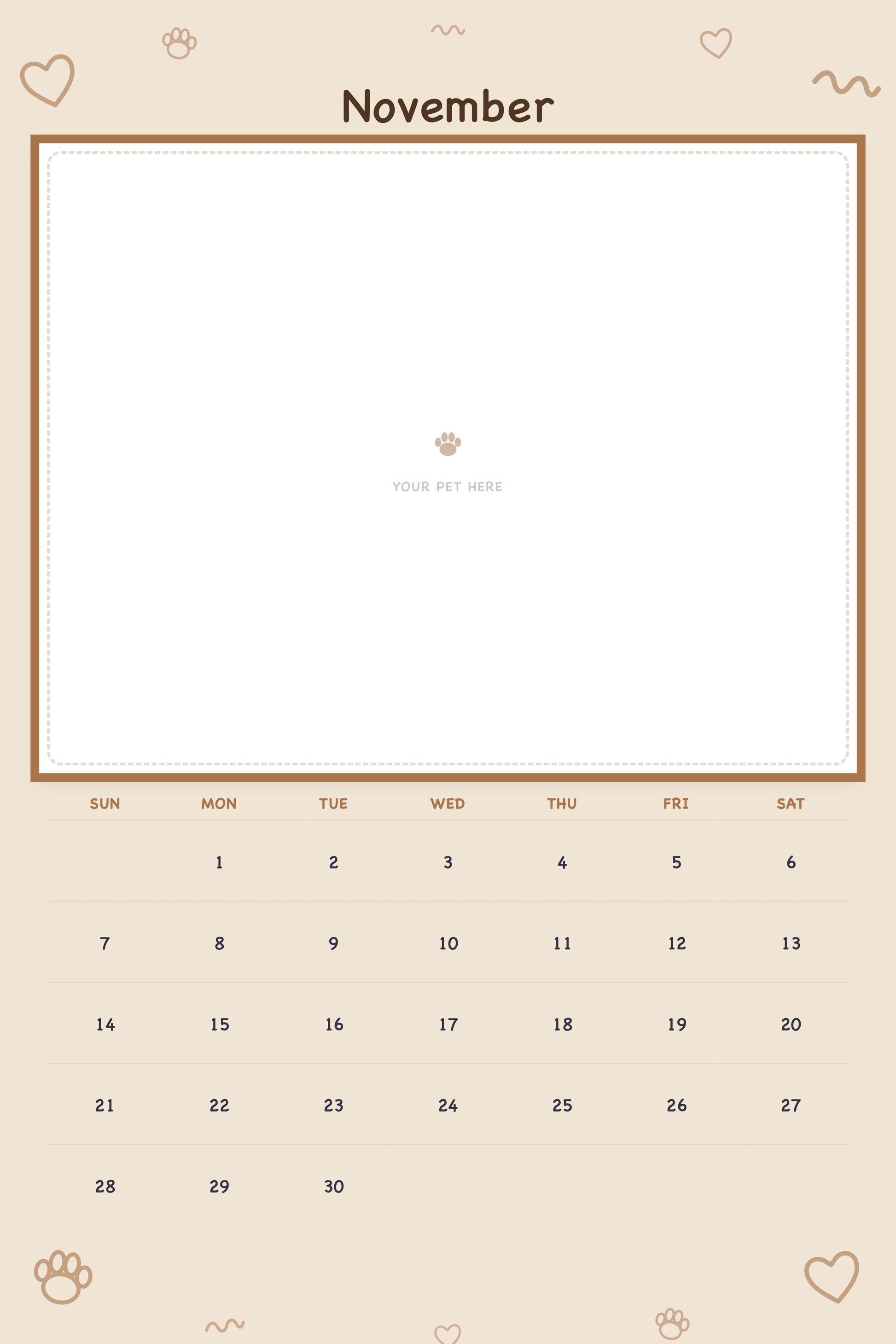 November page of the Personalized Pet Photo Calendar 2027 — XL Playful Doodle, with a photo area above the date grid