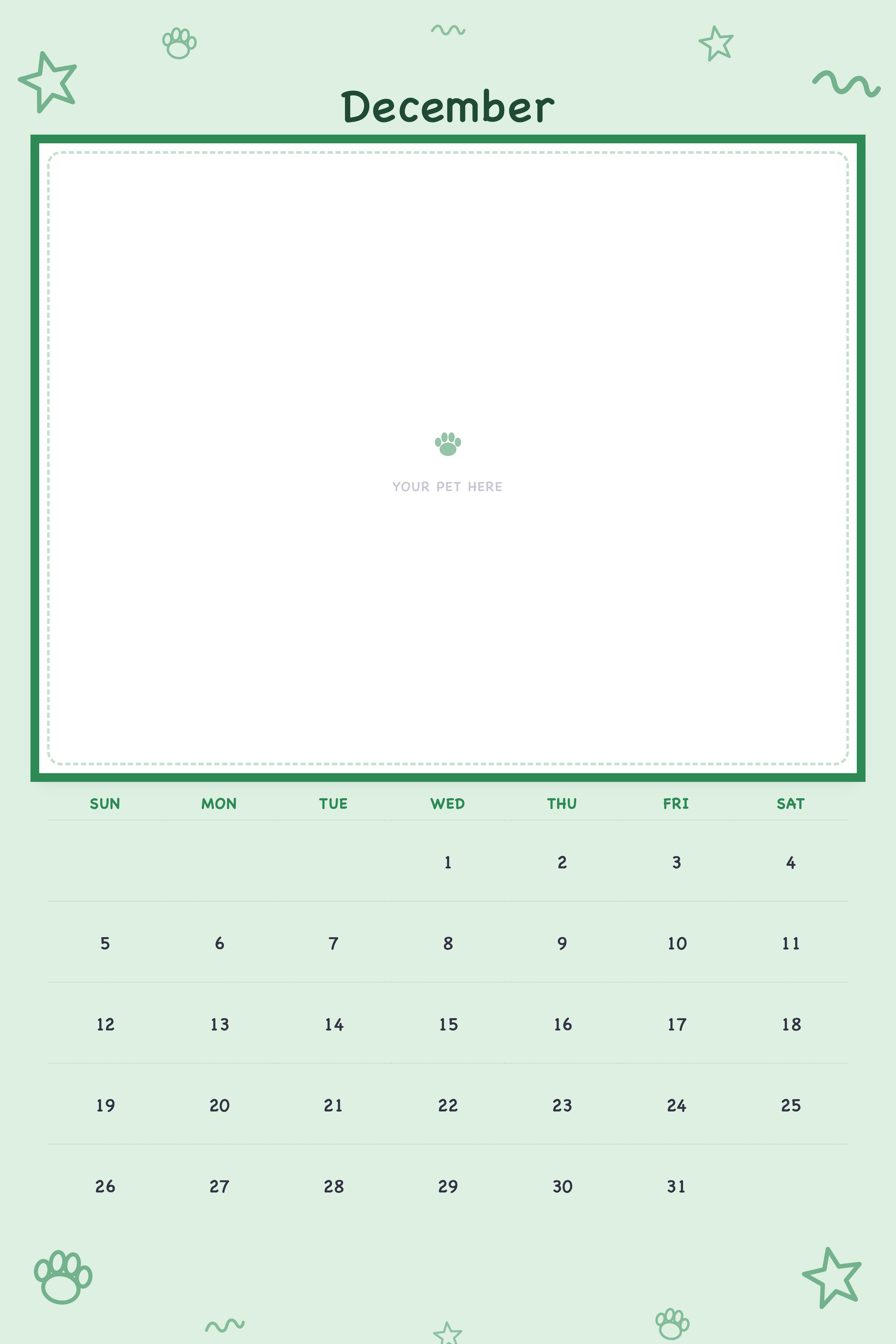 December page of the Personalized Pet Photo Calendar 2027 — XL Playful Doodle, with a photo area above the date grid