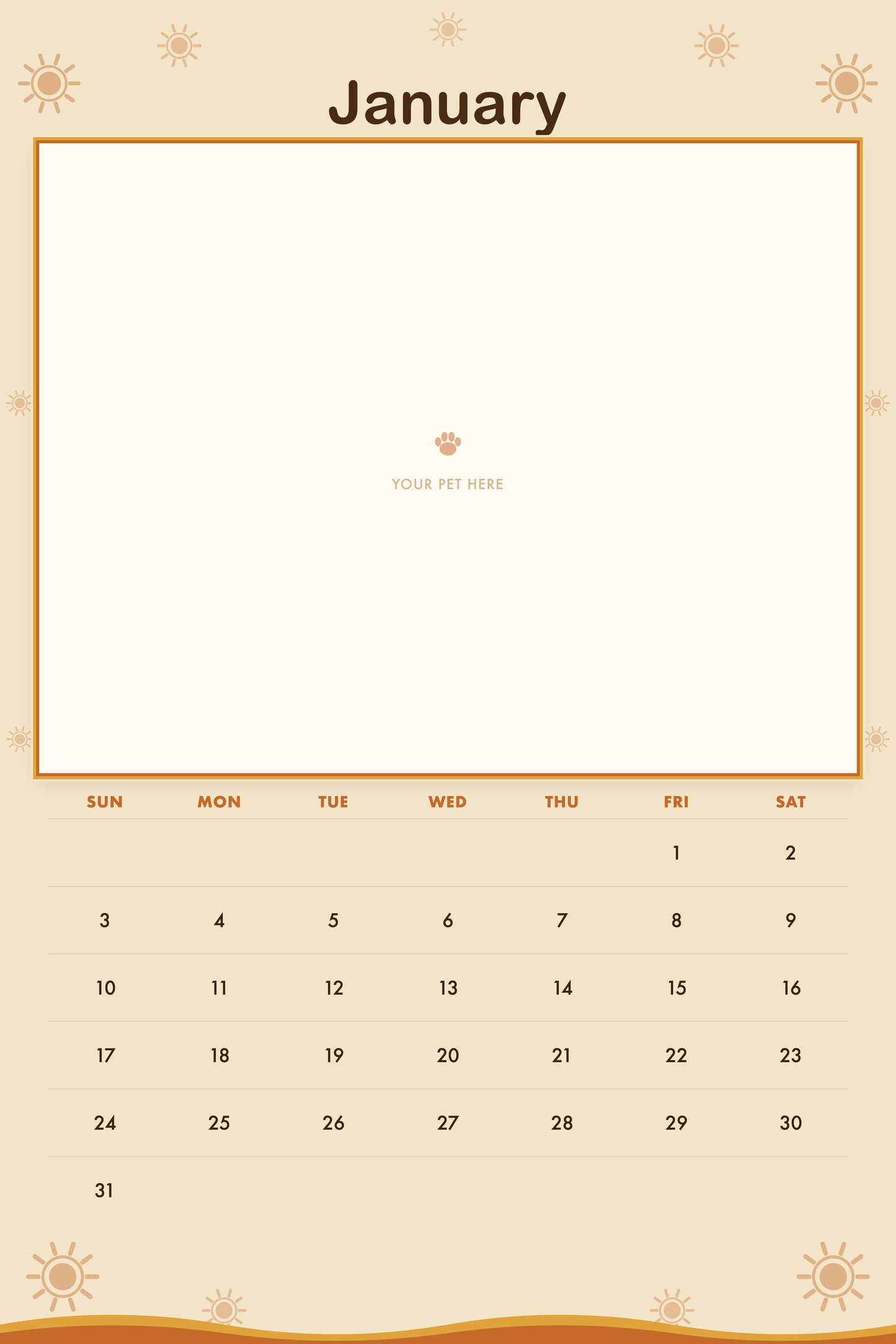 January page of the Personalized Pet Photo Calendar 2027 — XL Retro Groovy, with a photo area above the date grid