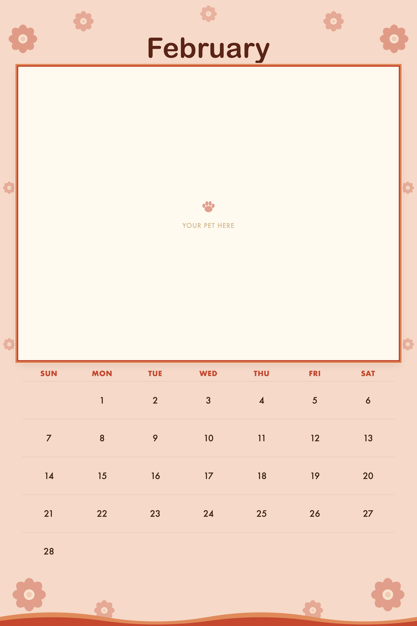 February page of the Personalized Pet Photo Calendar 2027 — XL Retro Groovy, with a photo area above the date grid