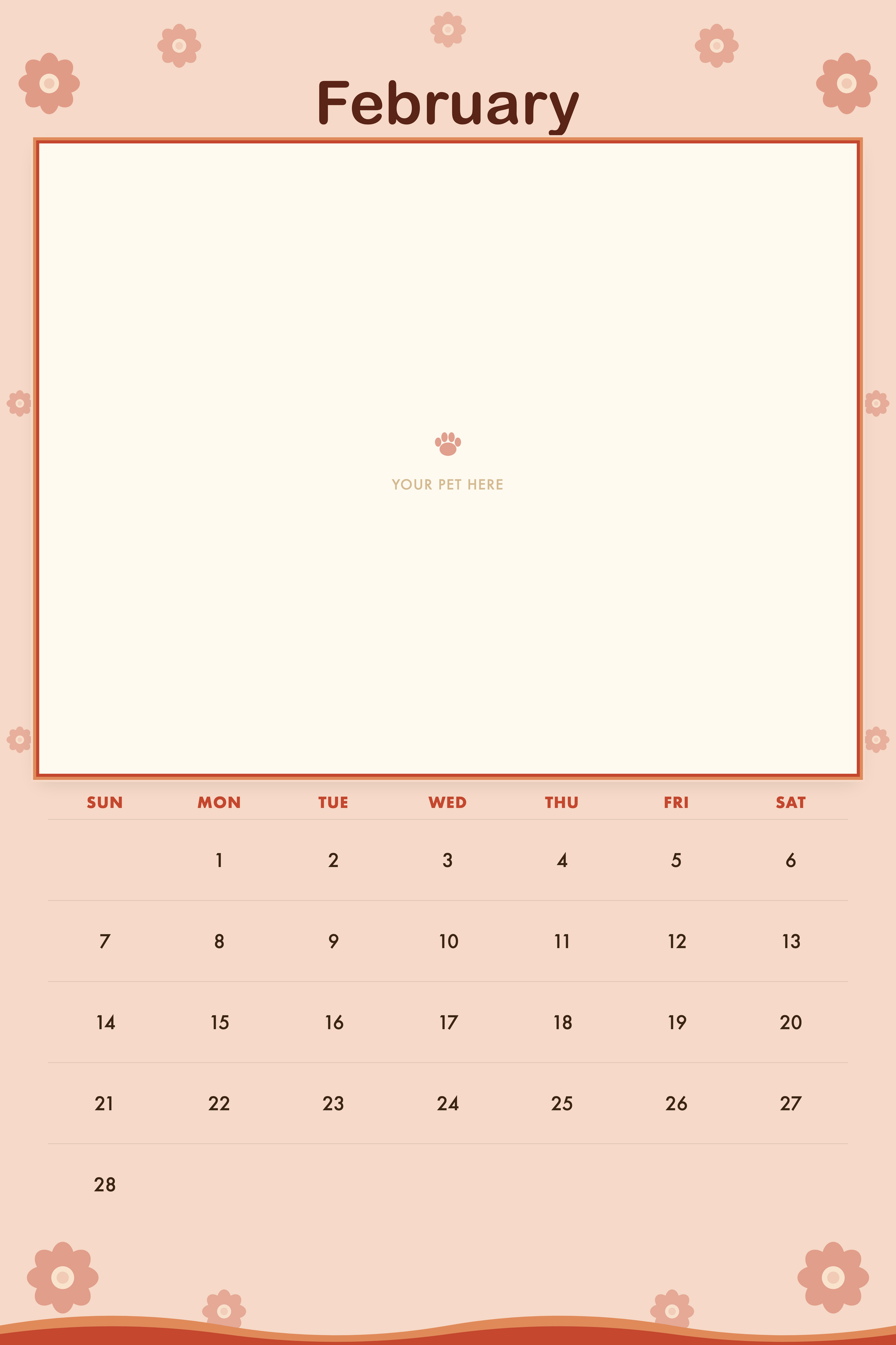 February page of the Personalized Pet Photo Calendar 2027 — XL Retro Groovy, with a photo area above the date grid