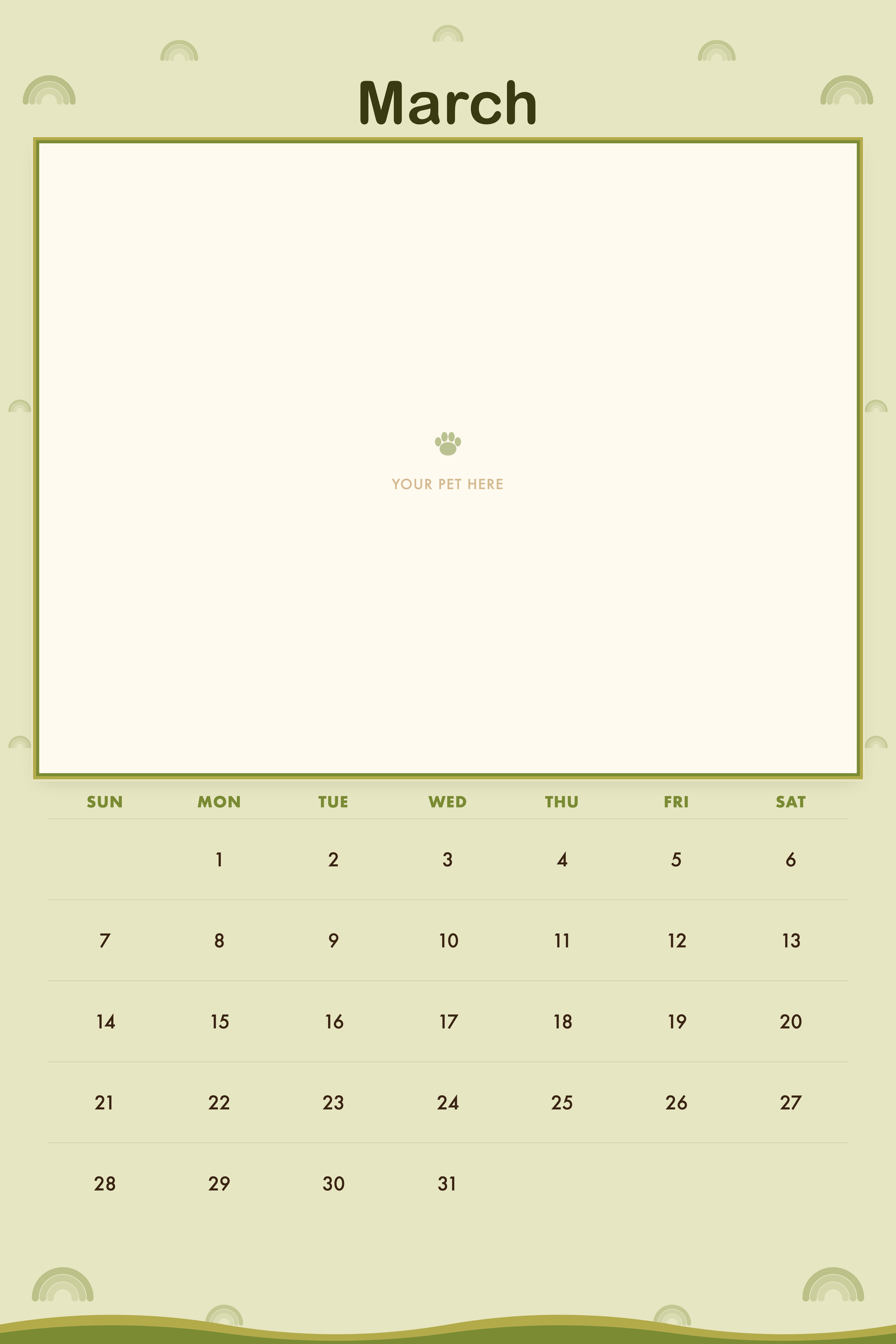 March page of the Personalized Pet Photo Calendar 2027 — XL Retro Groovy, with a photo area above the date grid