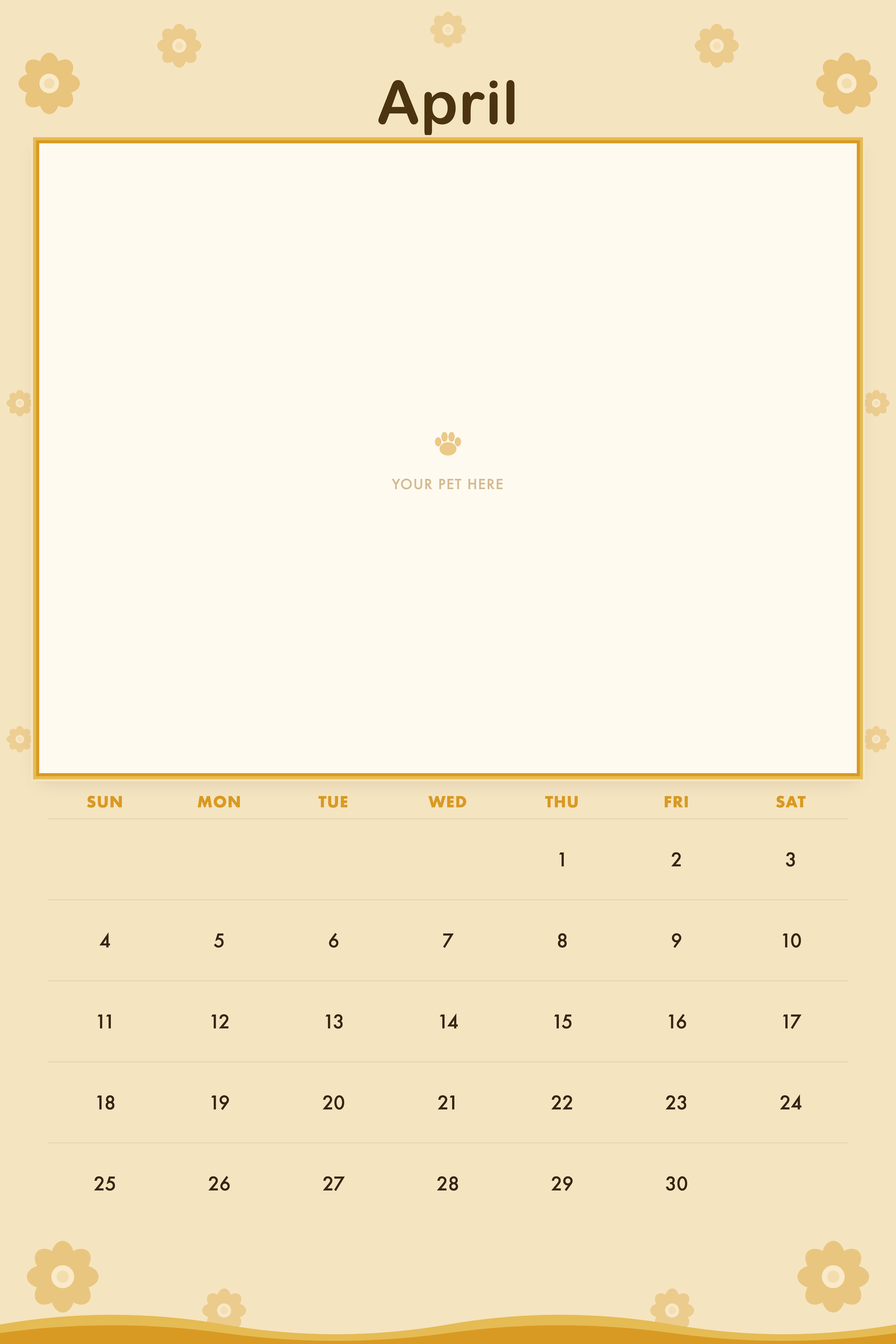 April page of the Personalized Pet Photo Calendar 2027 — XL Retro Groovy, with a photo area above the date grid