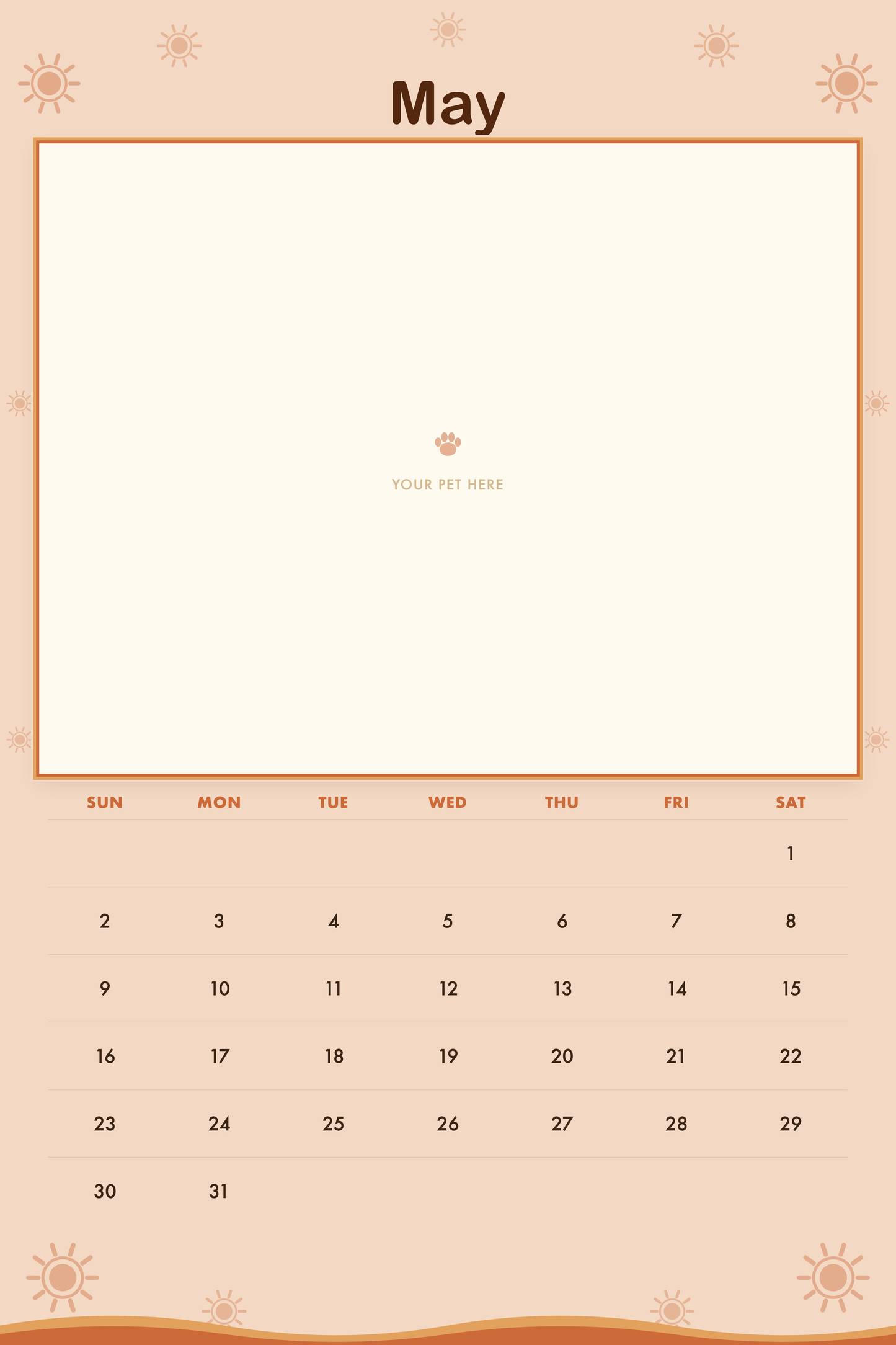 May page of the Personalized Pet Photo Calendar 2027 — XL Retro Groovy, with a photo area above the date grid
