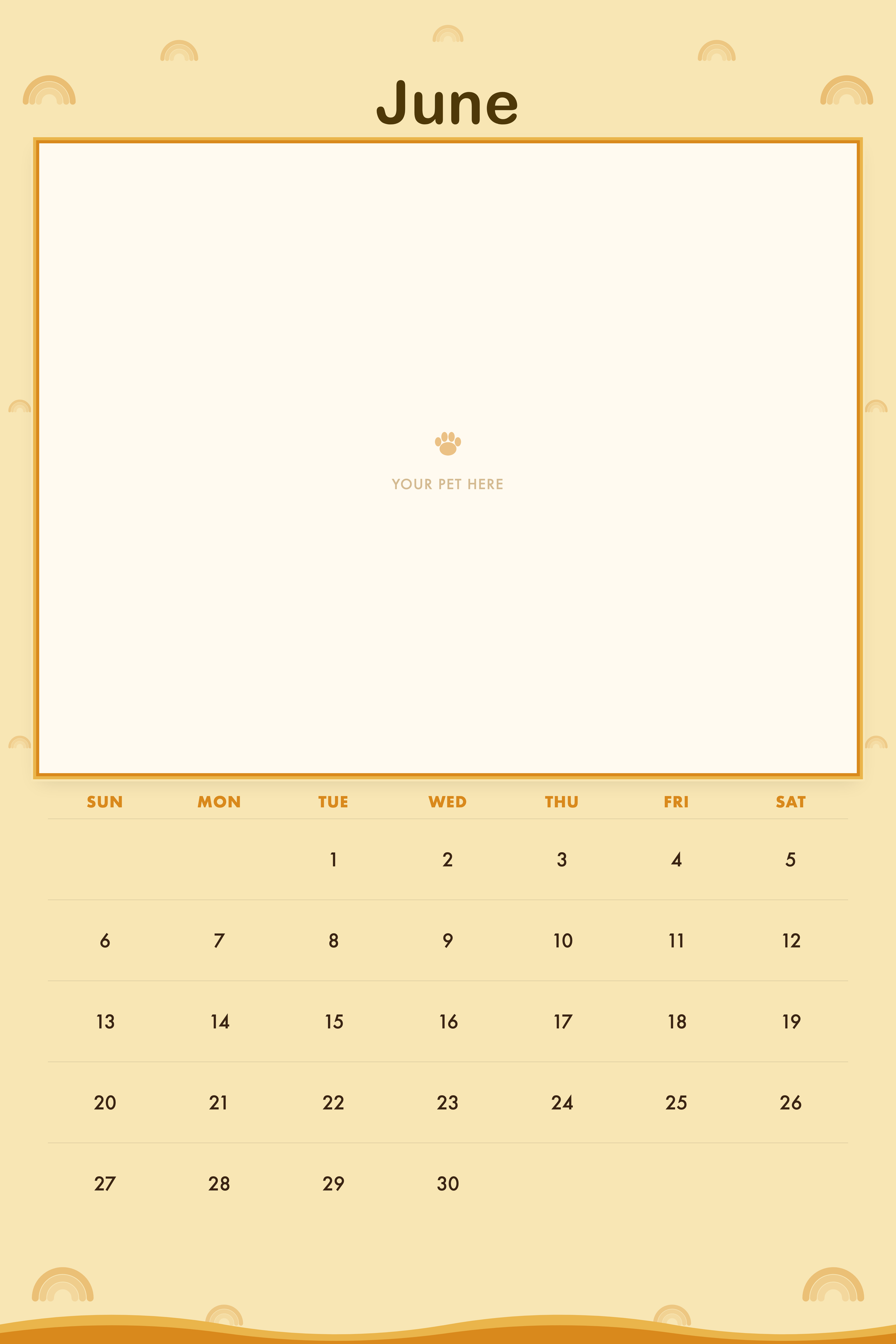 June page of the Personalized Pet Photo Calendar 2027 — XL Retro Groovy, with a photo area above the date grid