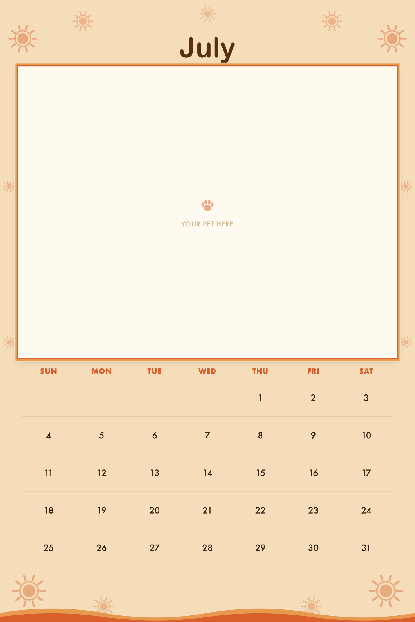 July page of the Personalized Pet Photo Calendar 2027 — XL Retro Groovy, with a photo area above the date grid