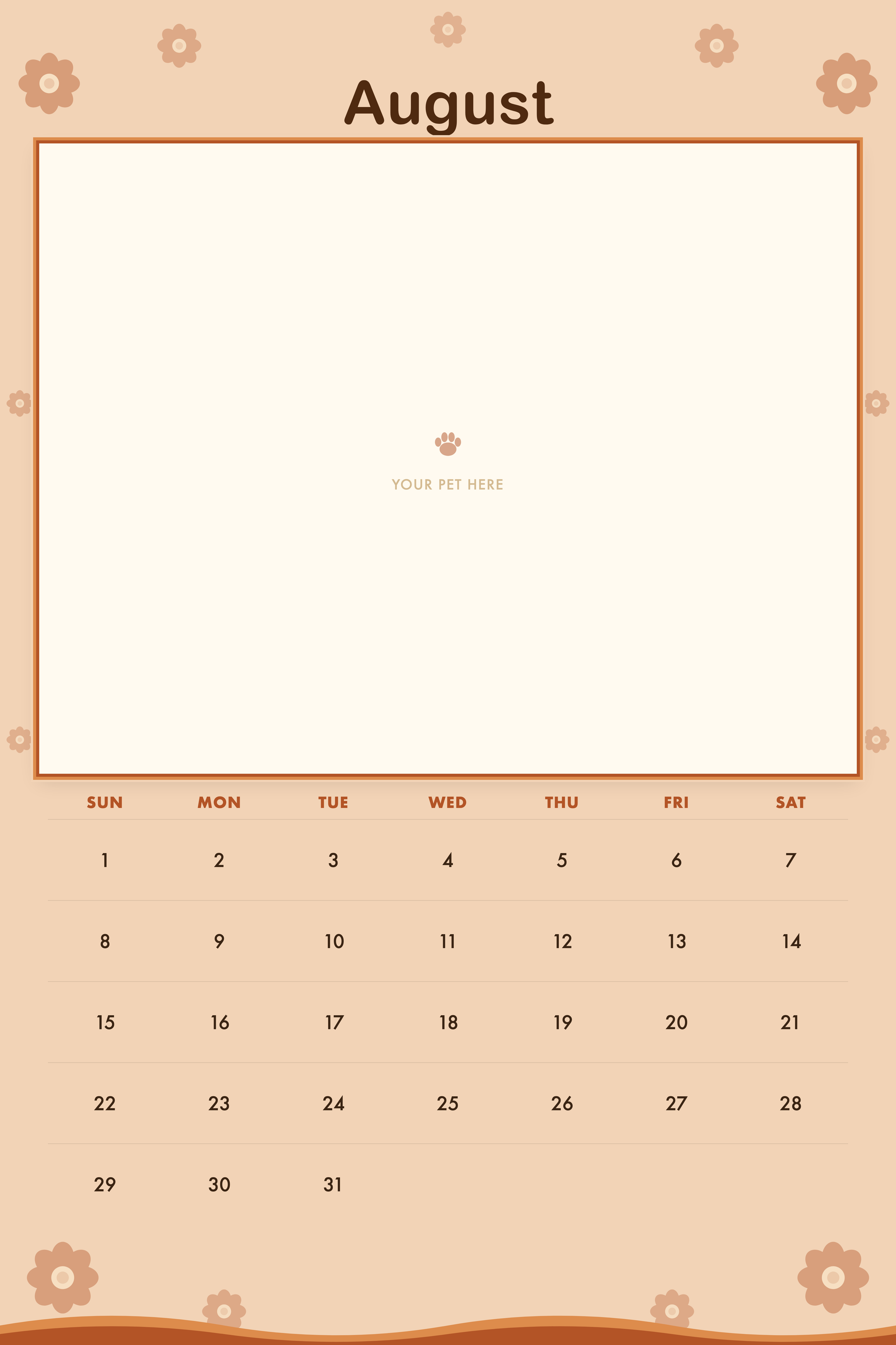 August page of the Personalized Pet Photo Calendar 2027 — XL Retro Groovy, with a photo area above the date grid