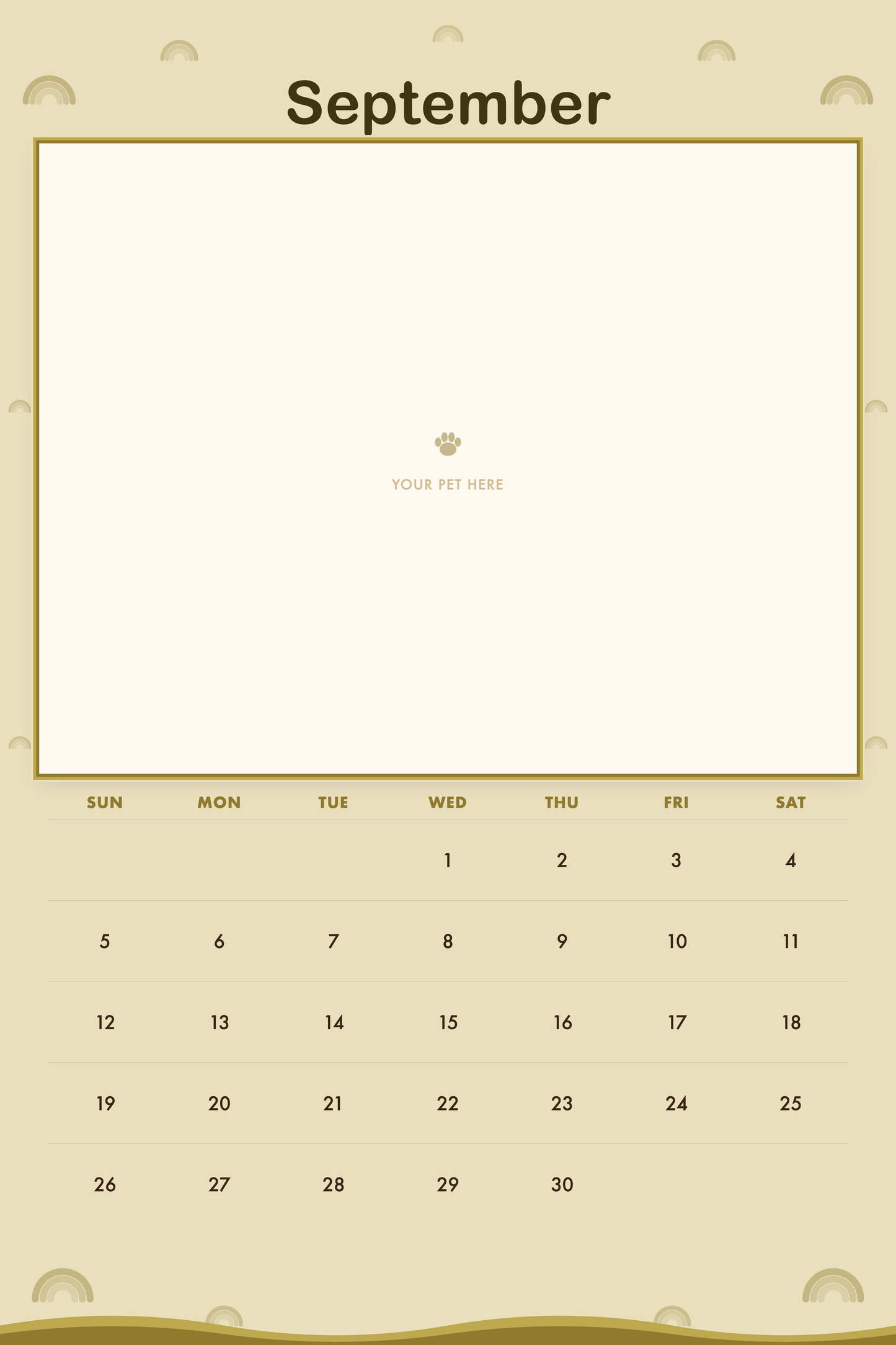 September page of the Personalized Pet Photo Calendar 2027 — XL Retro Groovy, with a photo area above the date grid