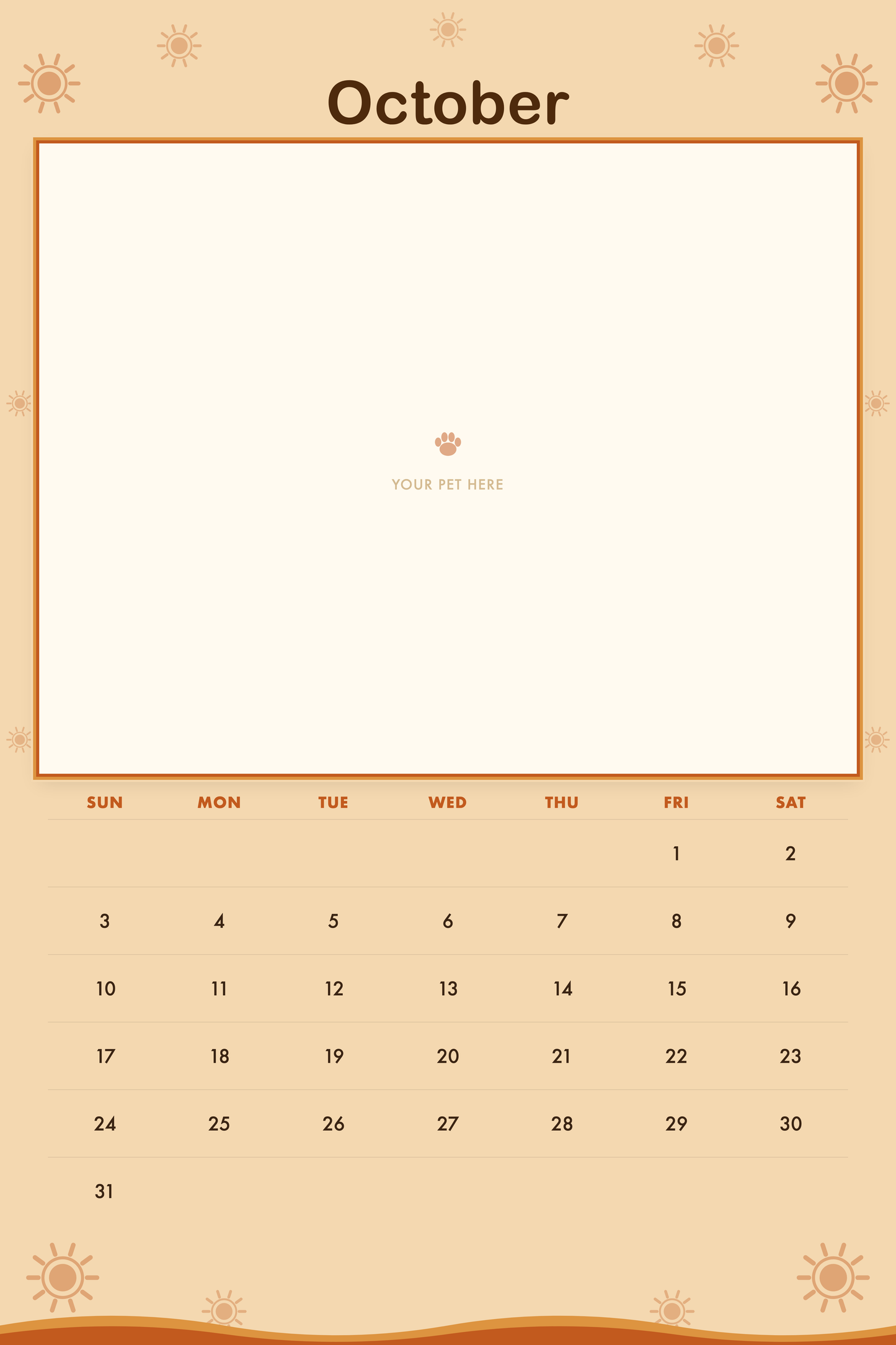 October page of the Personalized Pet Photo Calendar 2027 — XL Retro Groovy, with a photo area above the date grid