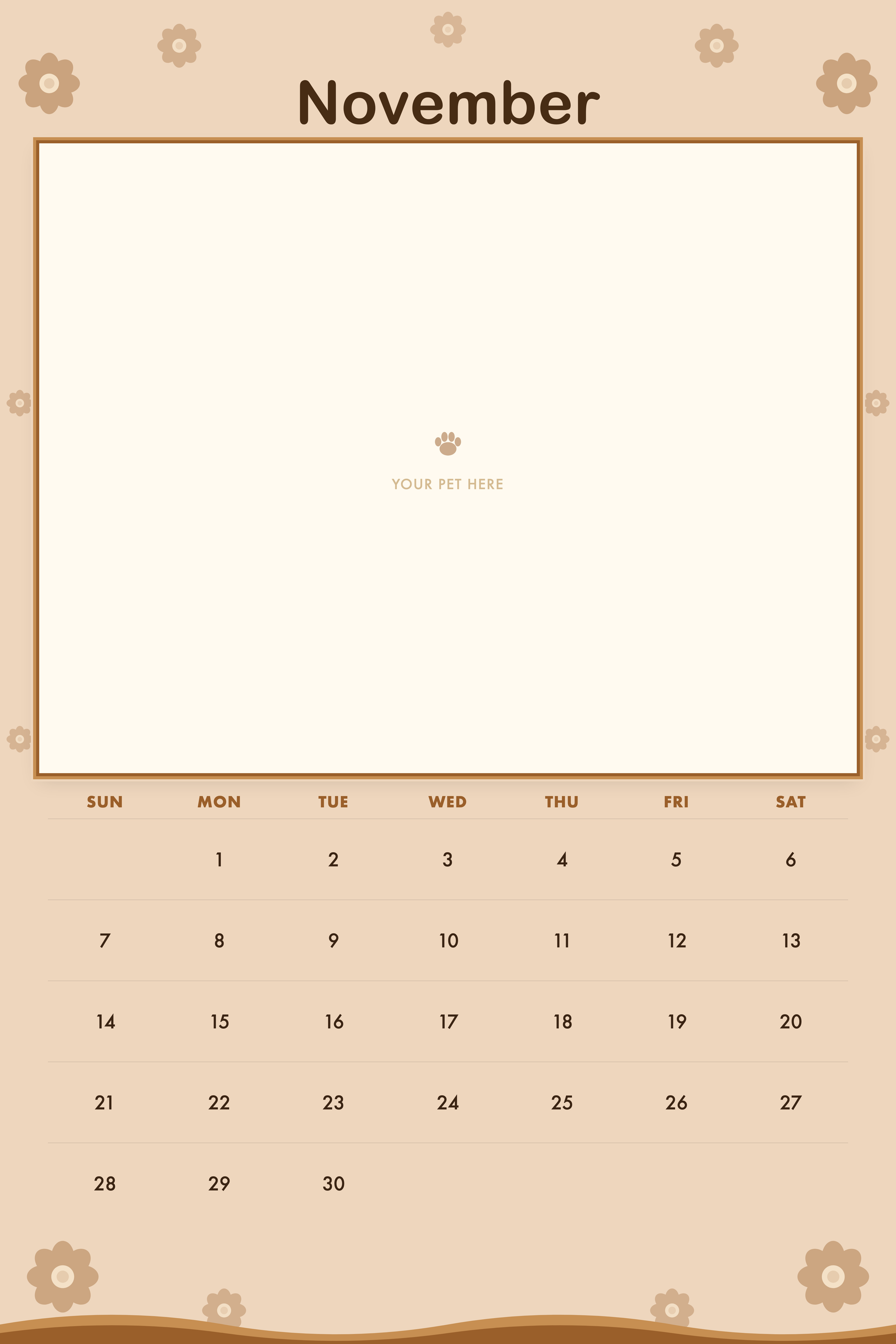 November page of the Personalized Pet Photo Calendar 2027 — XL Retro Groovy, with a photo area above the date grid