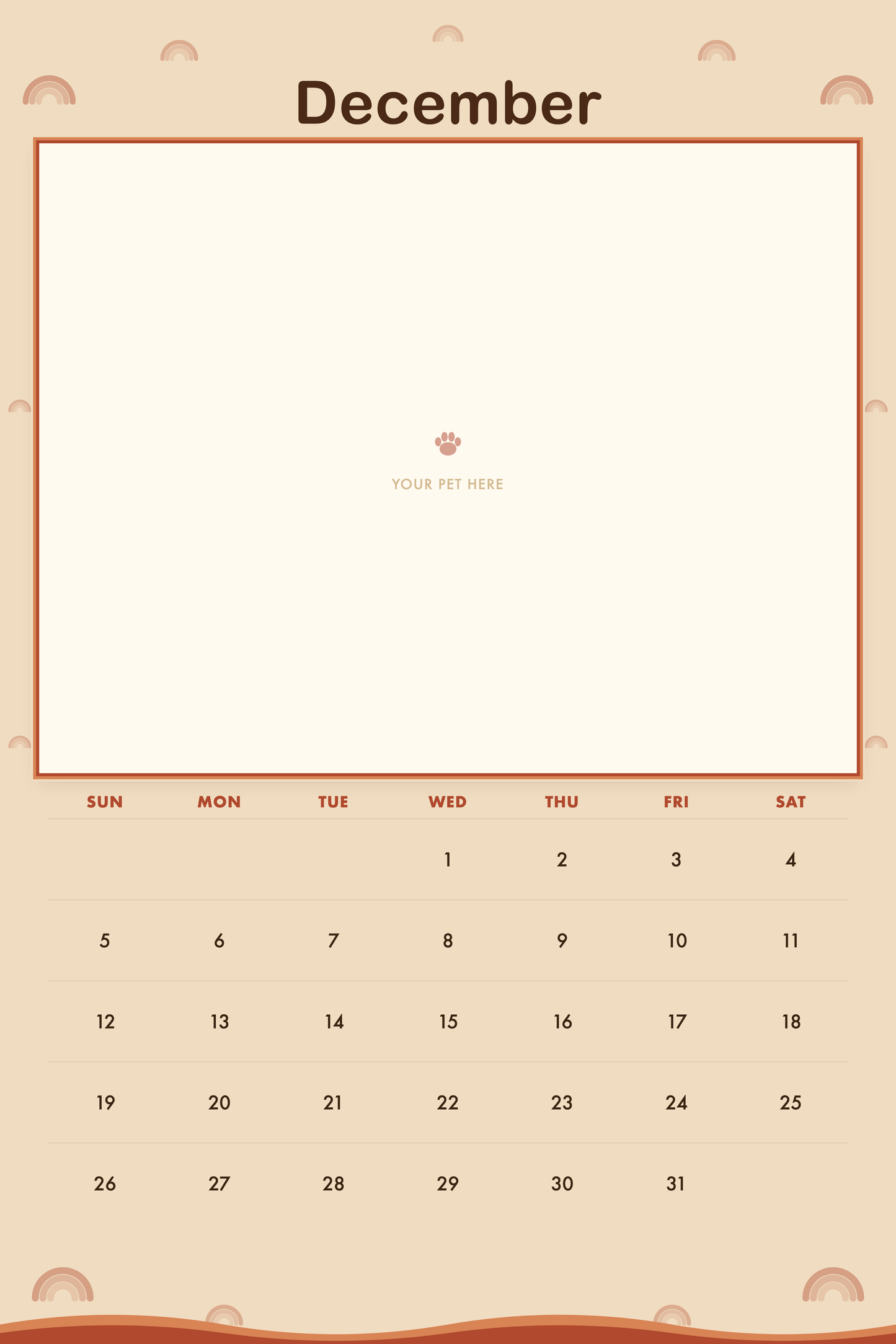 December page of the Personalized Pet Photo Calendar 2027 — XL Retro Groovy, with a photo area above the date grid