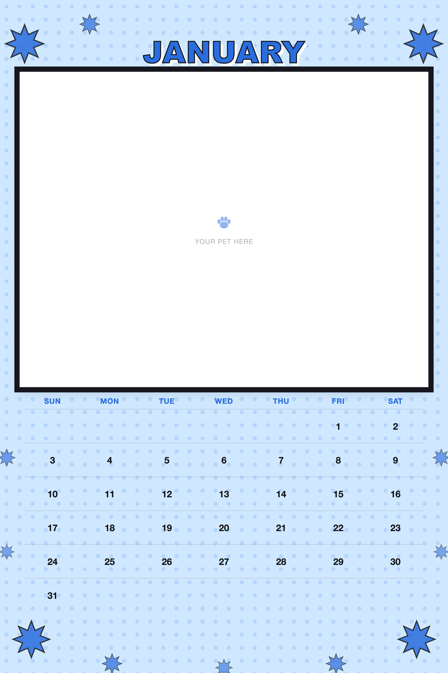 January page of the Personalized Pet Photo Calendar 2027 — XL Pop Art, with a photo area above the date grid