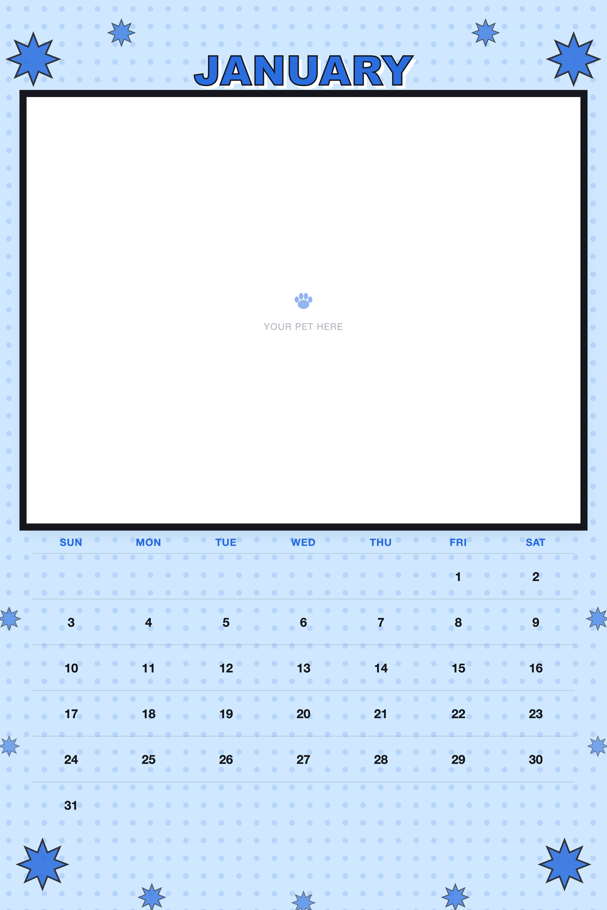 January page of the Personalized Pet Photo Calendar 2027 — XL Pop Art, with a photo area above the date grid