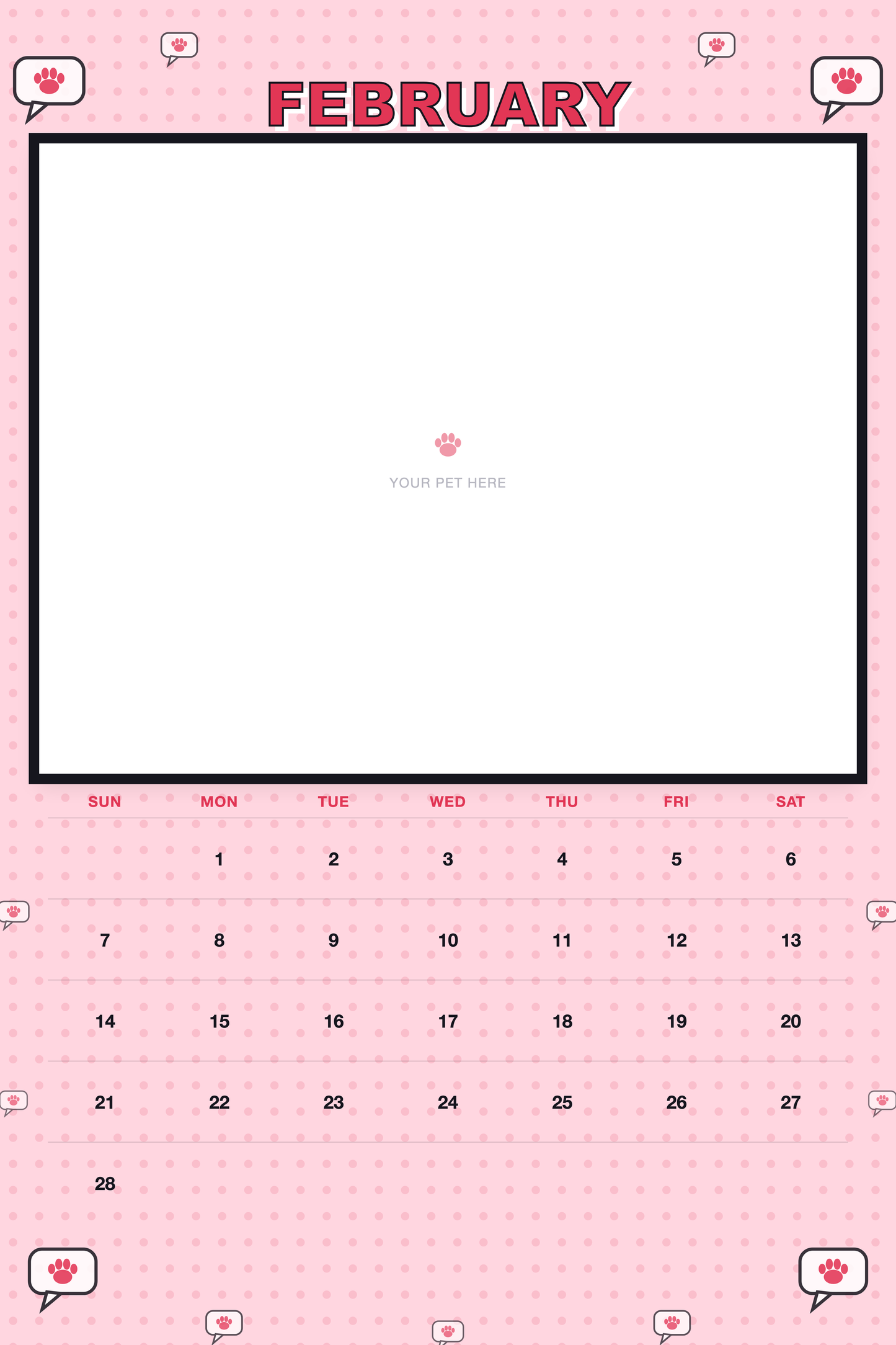 February page of the Personalized Pet Photo Calendar 2027 — XL Pop Art, with a photo area above the date grid