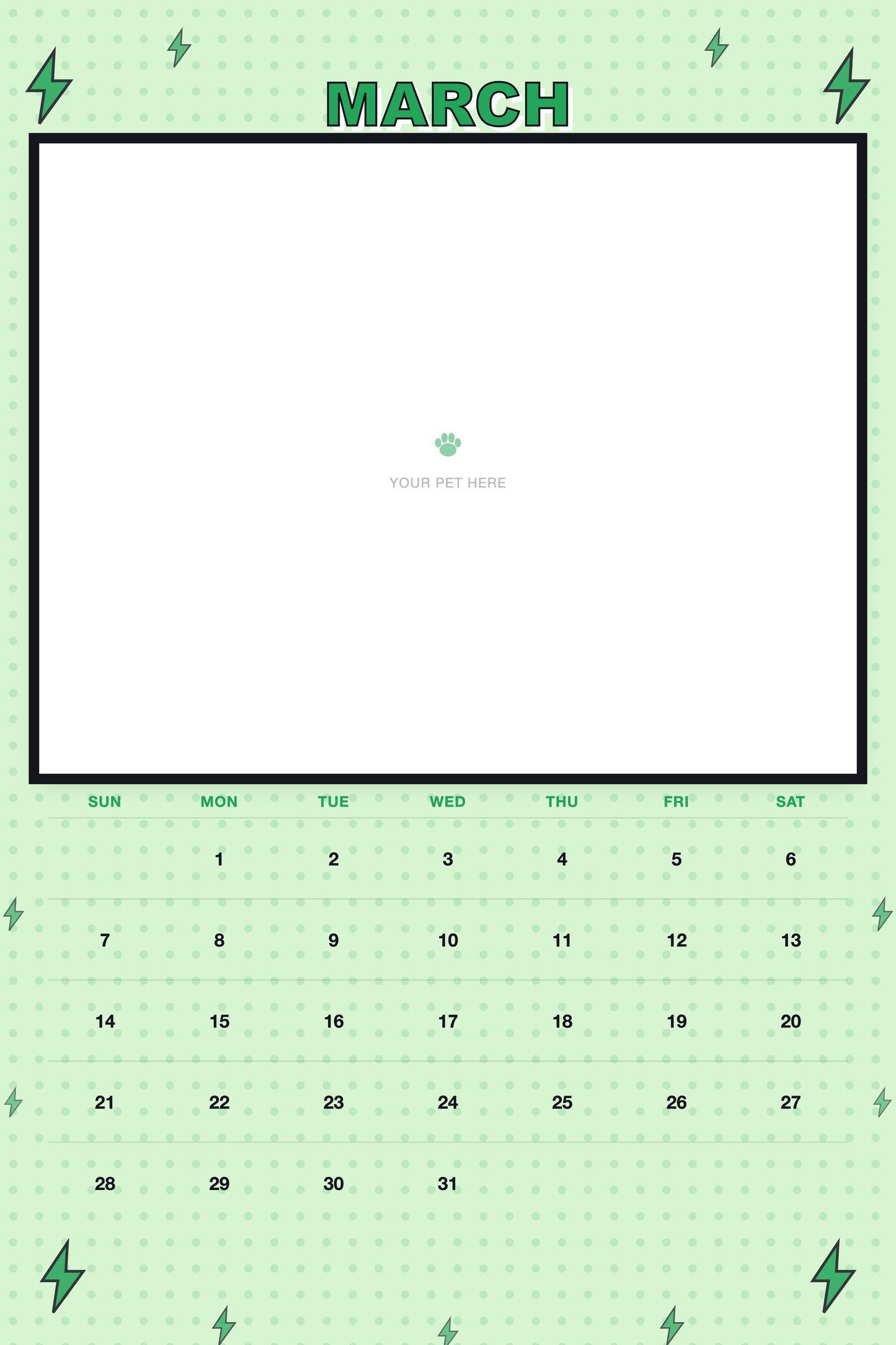 March page of the Personalized Pet Photo Calendar 2027 — XL Pop Art, with a photo area above the date grid