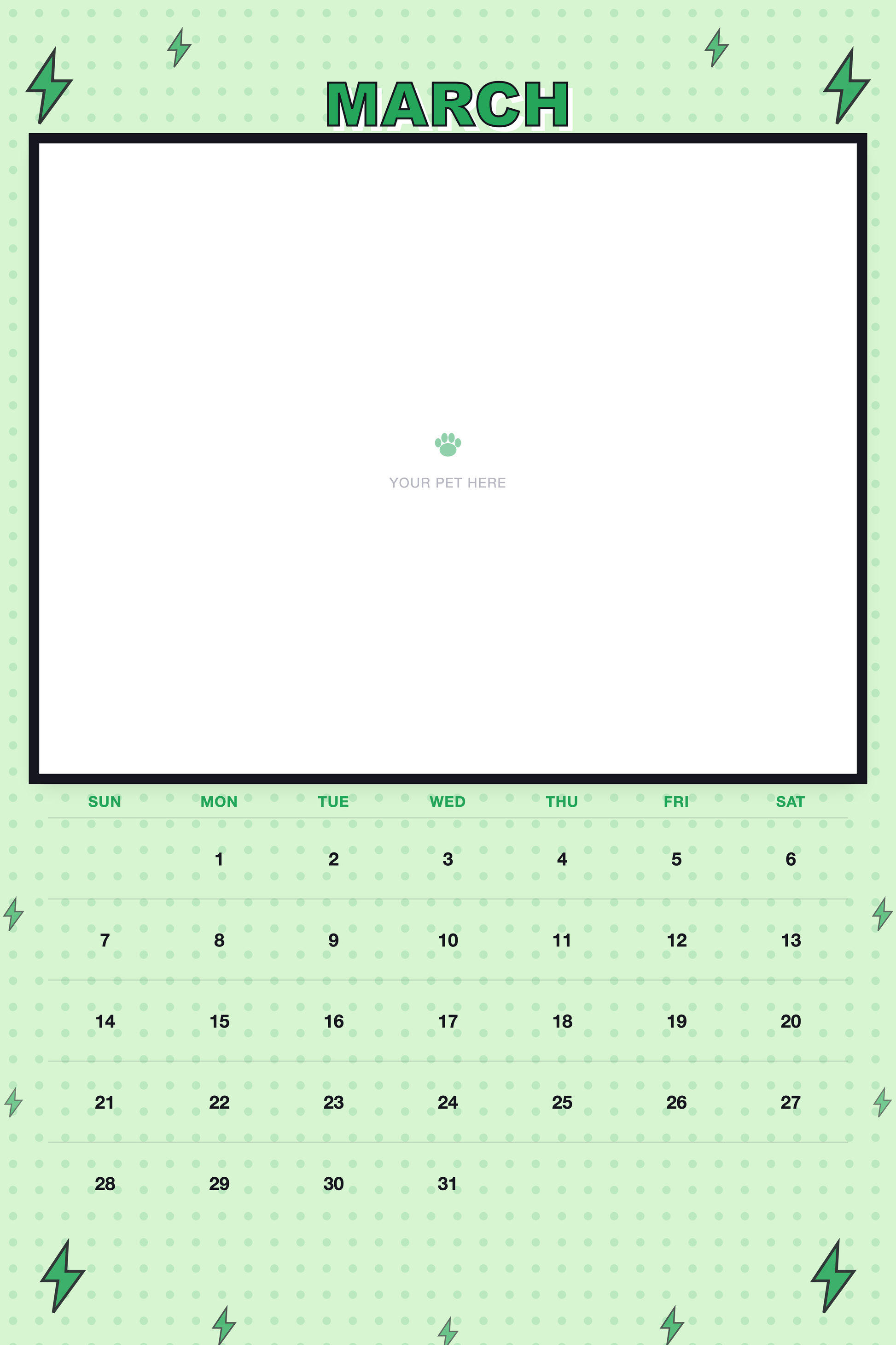 March page of the Personalized Pet Photo Calendar 2027 — XL Pop Art, with a photo area above the date grid