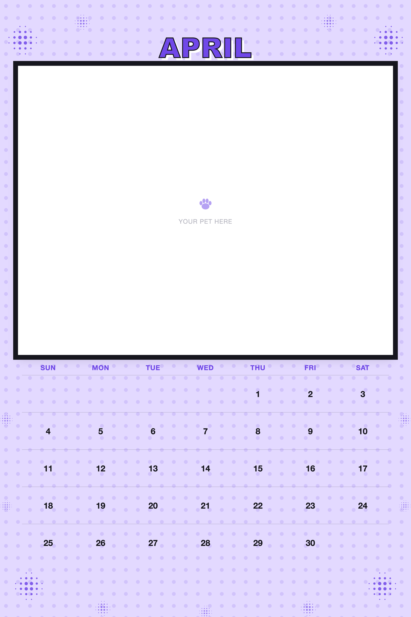 April page of the Personalized Pet Photo Calendar 2027 — XL Pop Art, with a photo area above the date grid