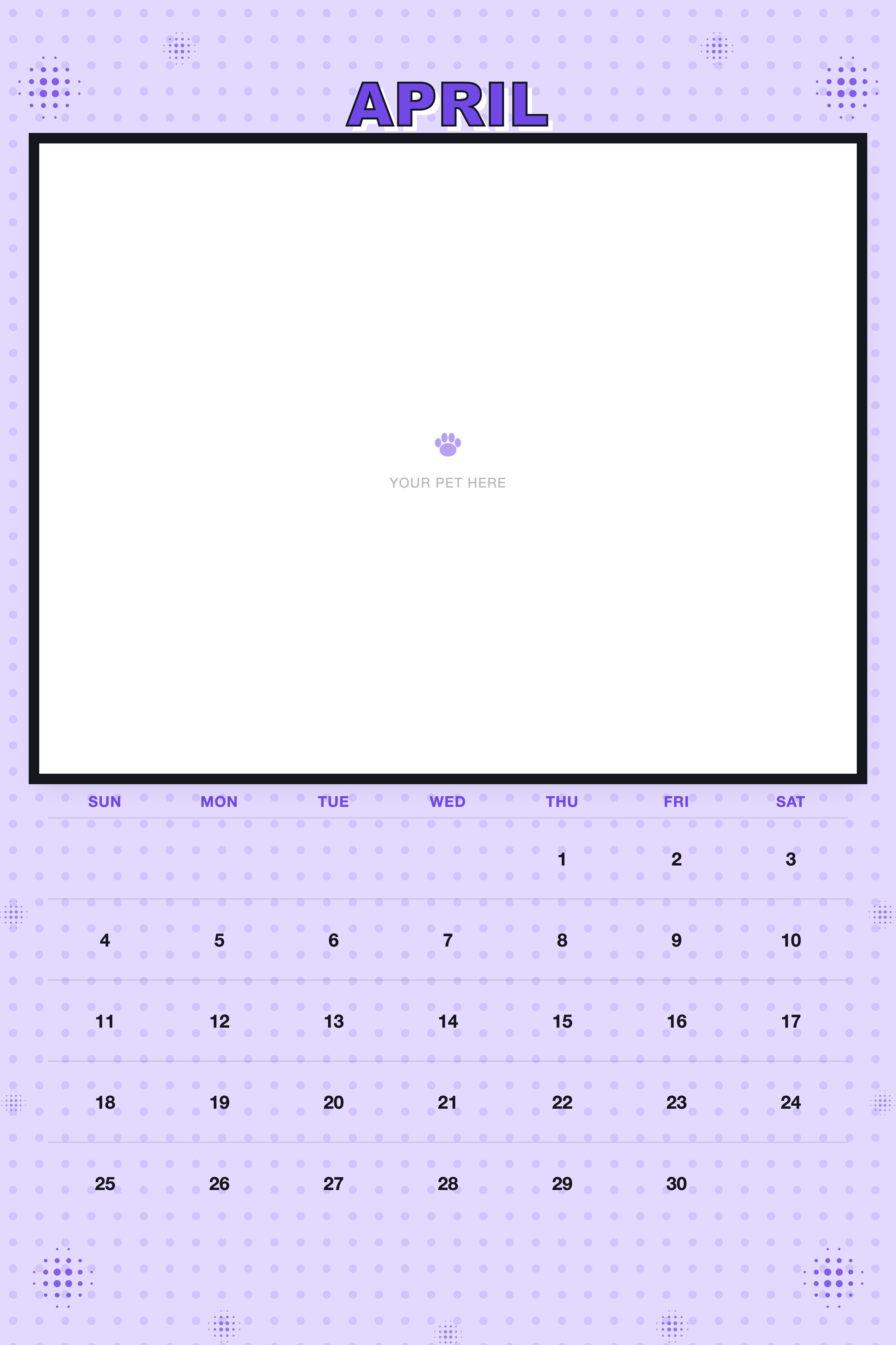 April page of the Personalized Pet Photo Calendar 2027 — XL Pop Art, with a photo area above the date grid