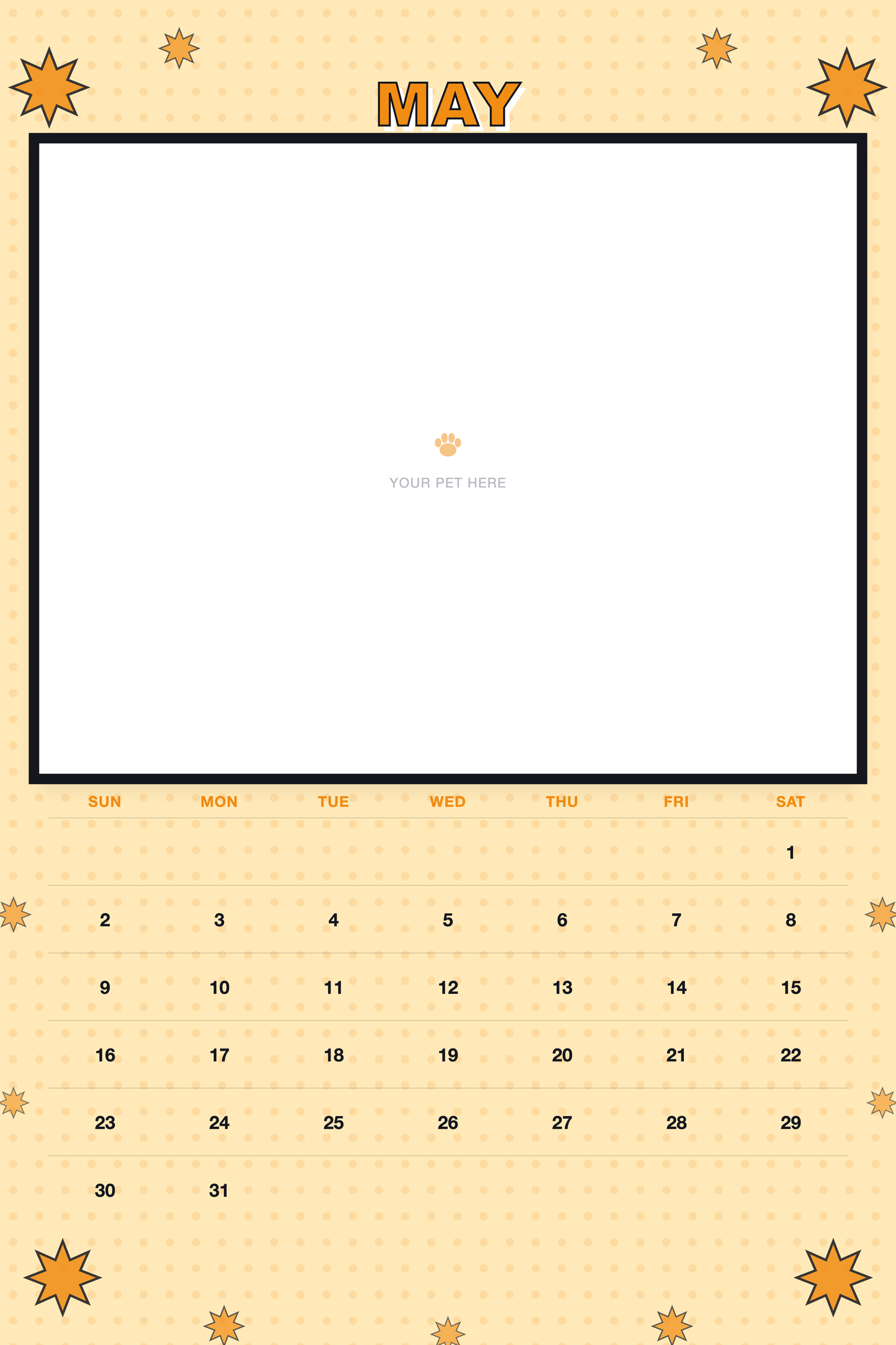 May page of the Personalized Pet Photo Calendar 2027 — XL Pop Art, with a photo area above the date grid