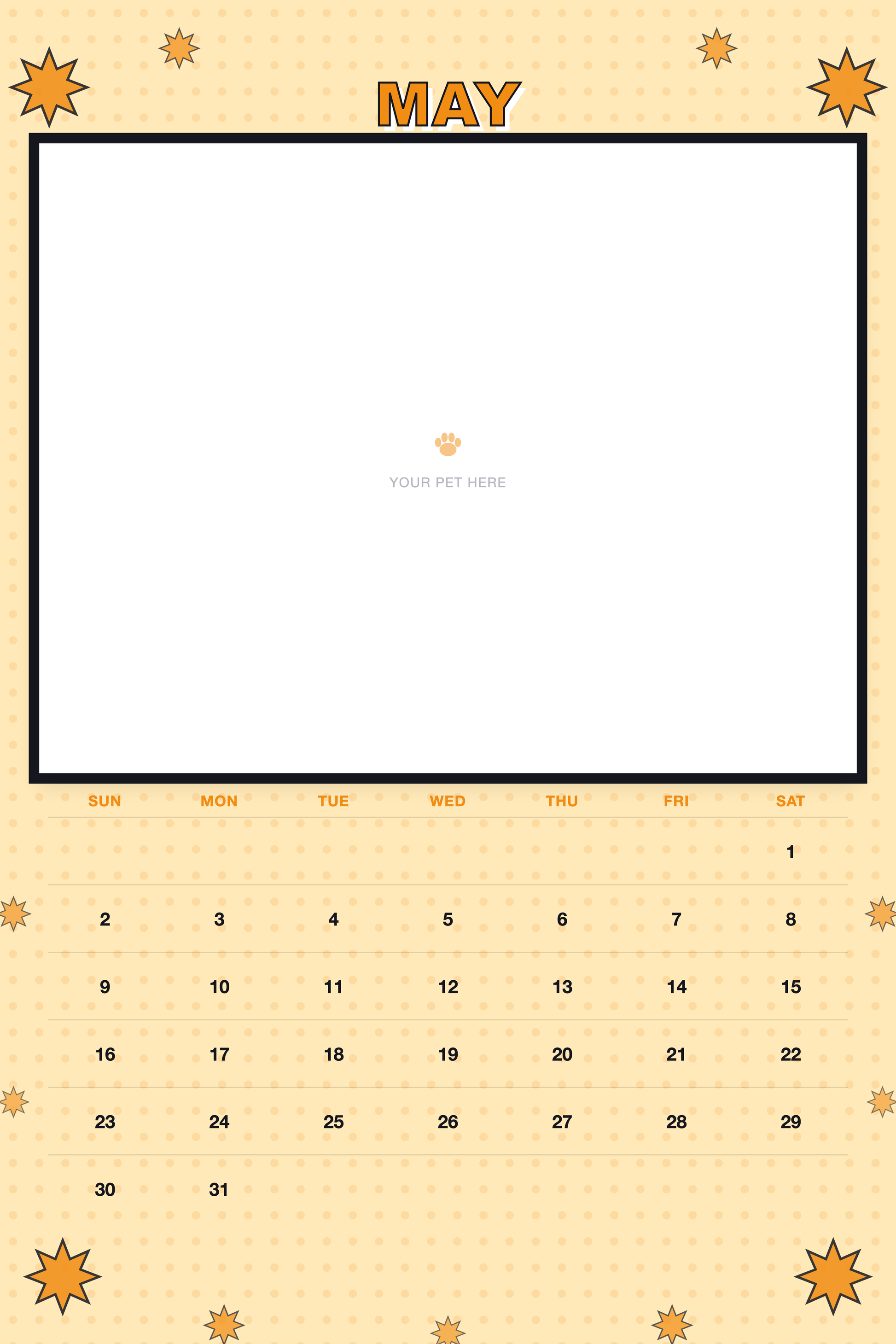 May page of the Personalized Pet Photo Calendar 2027 — XL Pop Art, with a photo area above the date grid