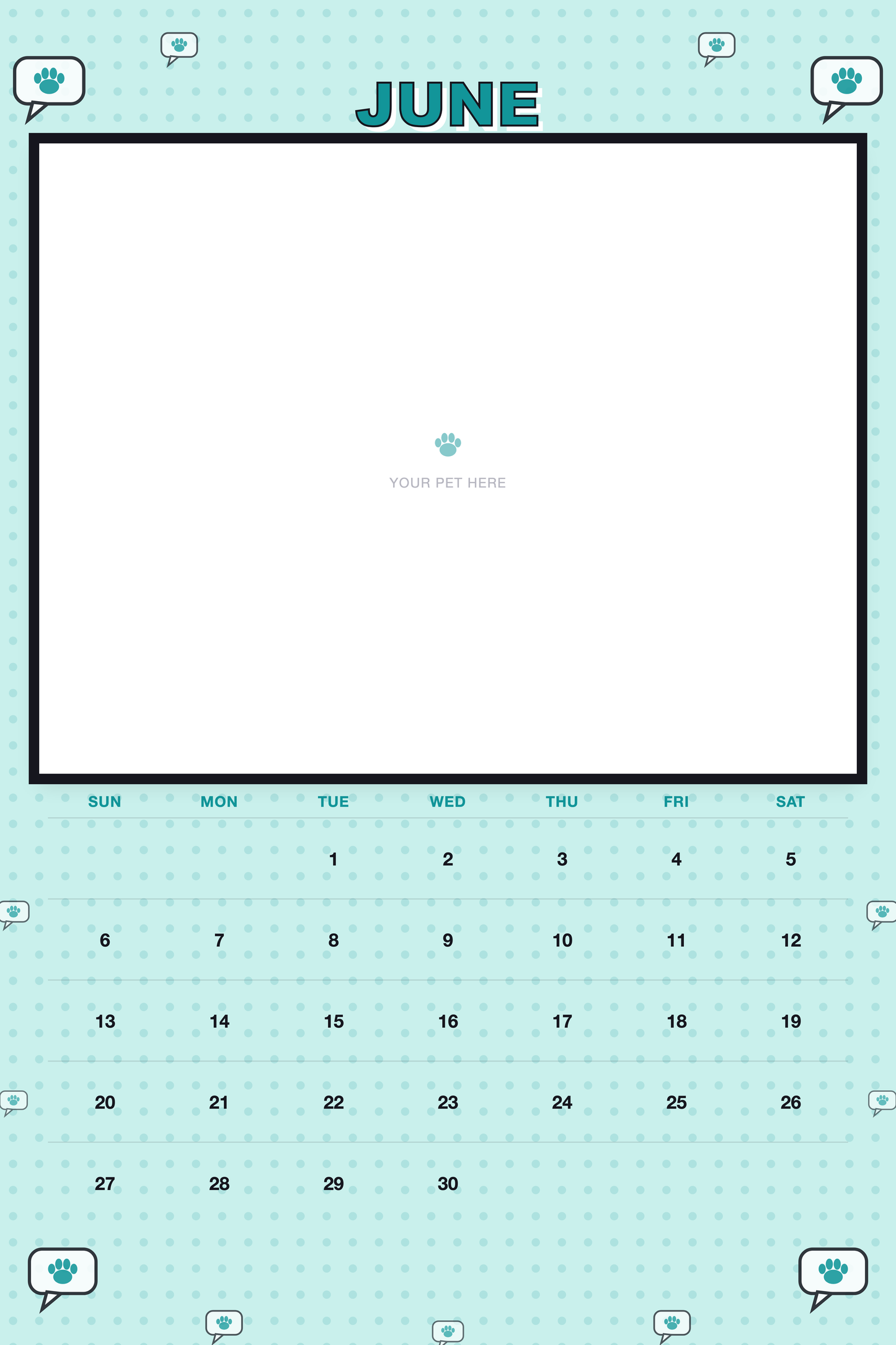 June page of the Personalized Pet Photo Calendar 2027 — XL Pop Art, with a photo area above the date grid