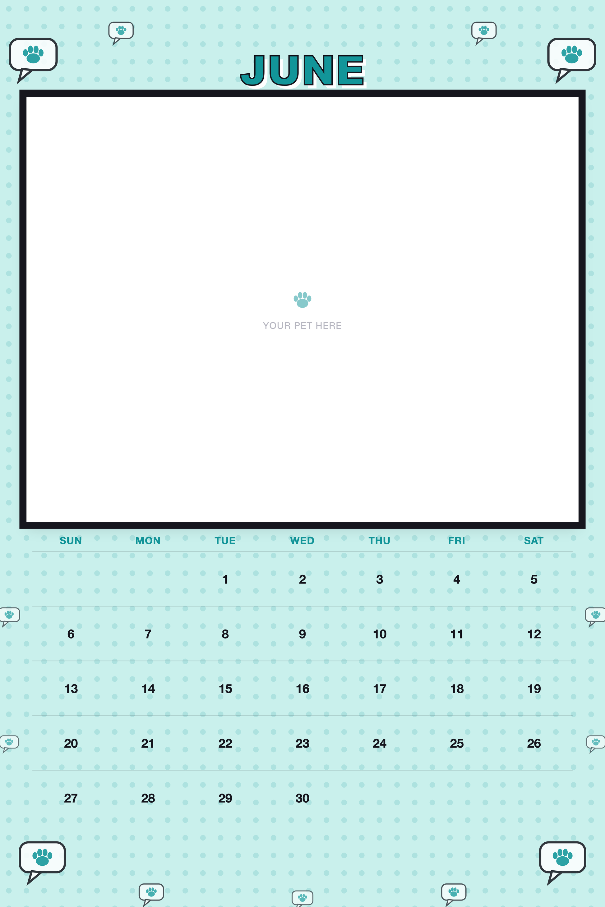 June page of the Personalized Pet Photo Calendar 2027 — XL Pop Art, with a photo area above the date grid