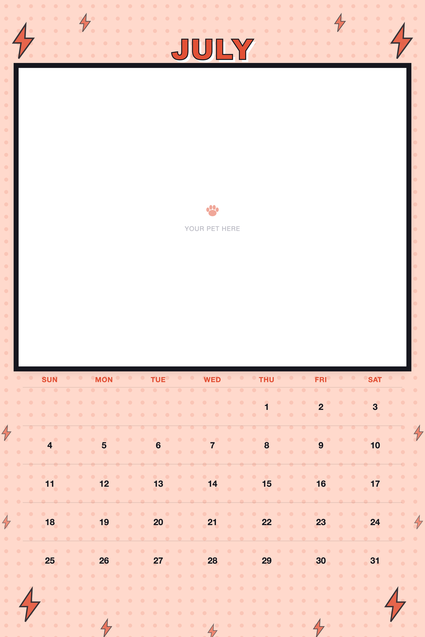 July page of the Personalized Pet Photo Calendar 2027 — XL Pop Art, with a photo area above the date grid