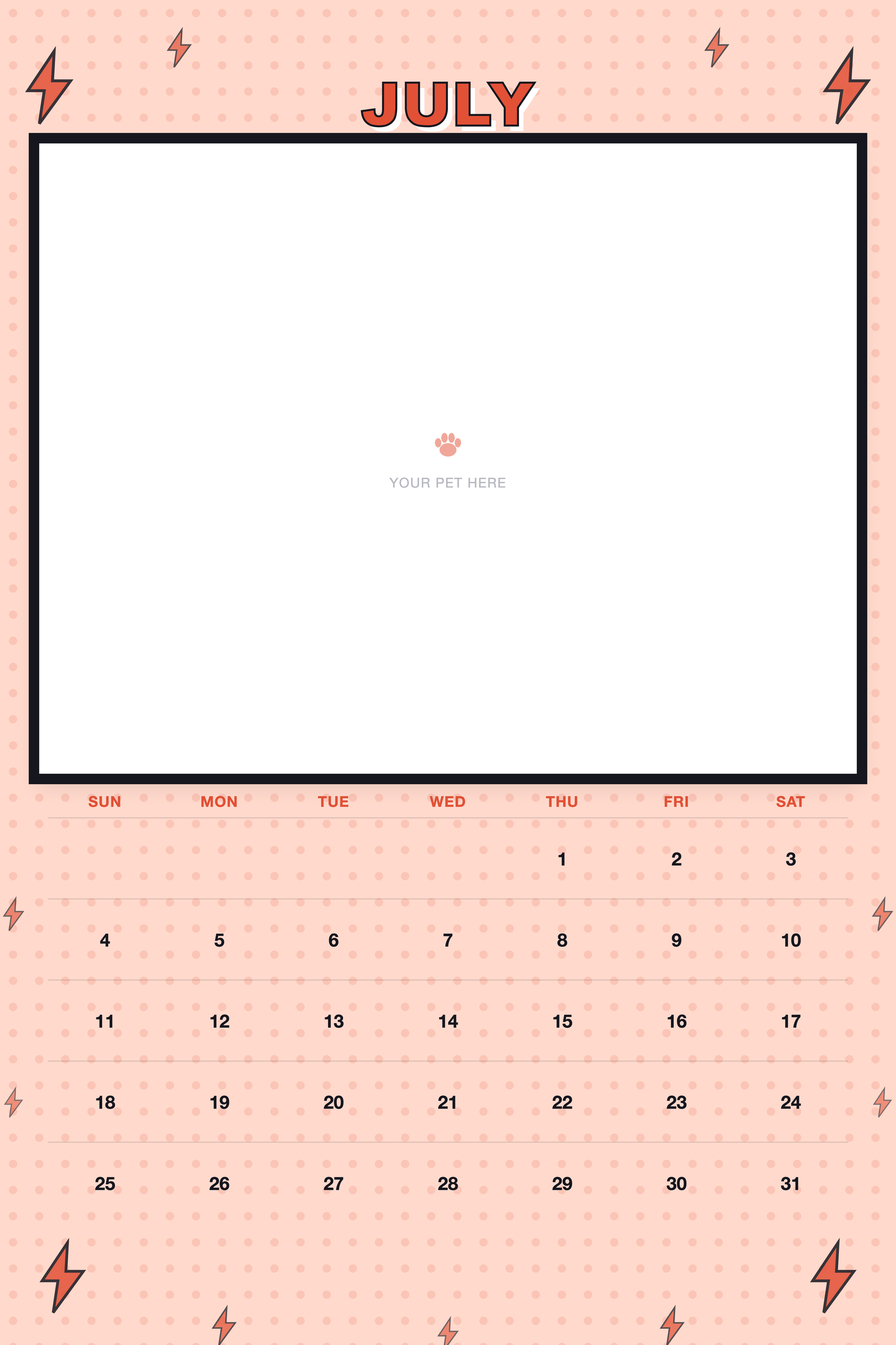 July page of the Personalized Pet Photo Calendar 2027 — XL Pop Art, with a photo area above the date grid