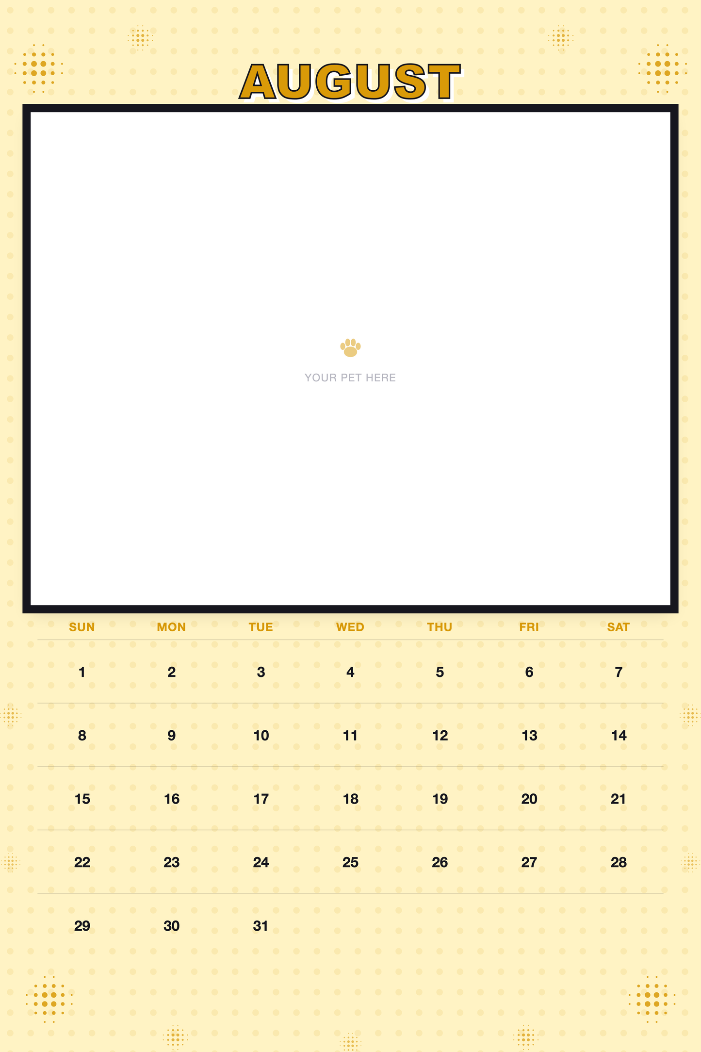 August page of the Personalized Pet Photo Calendar 2027 — XL Pop Art, with a photo area above the date grid
