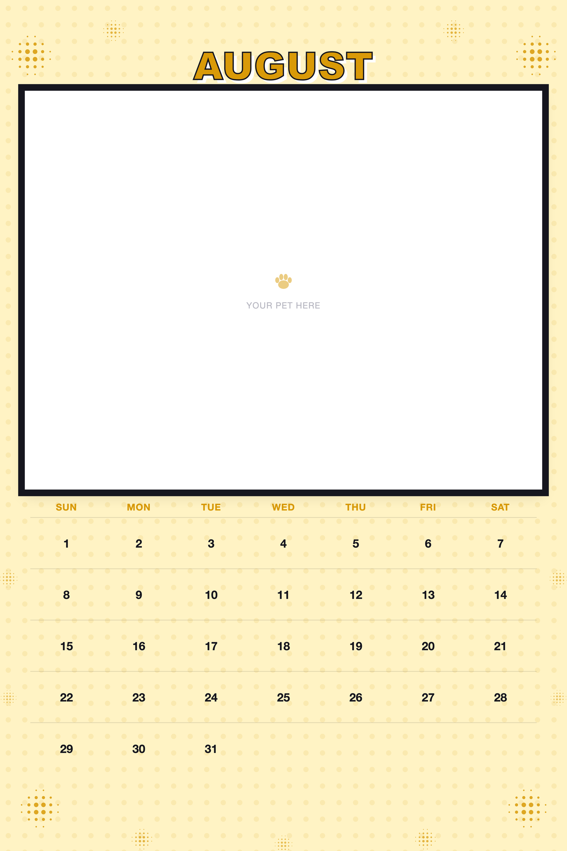 August page of the Personalized Pet Photo Calendar 2027 — XL Pop Art, with a photo area above the date grid