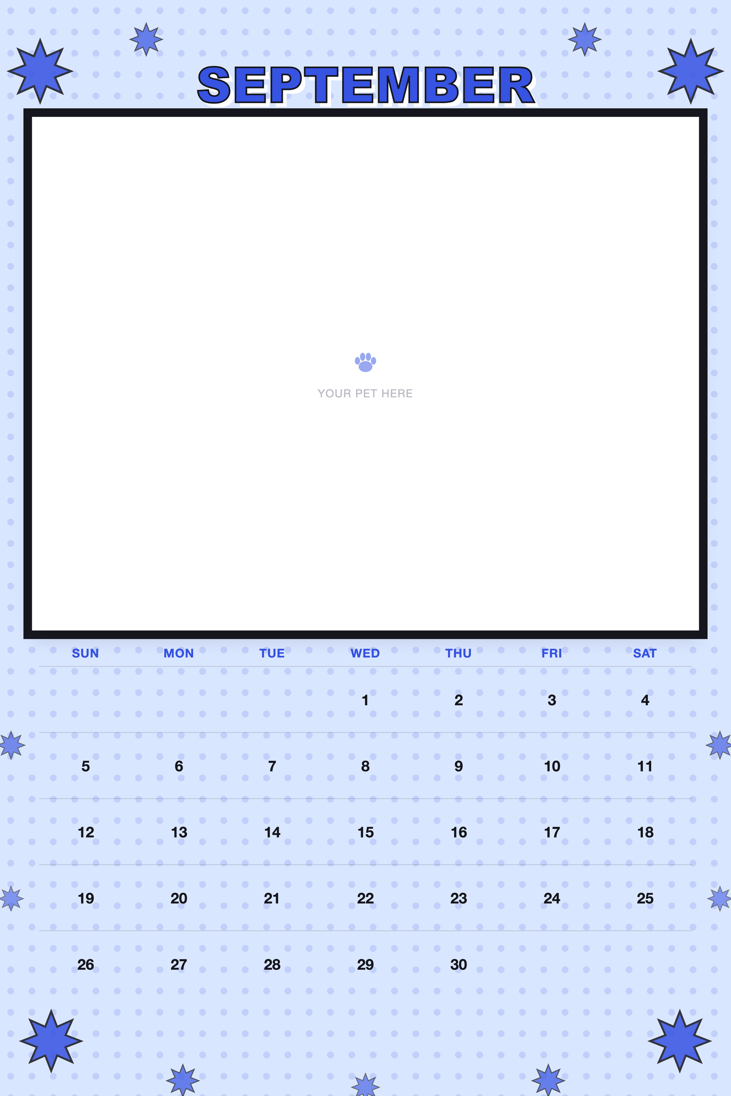 September page of the Personalized Pet Photo Calendar 2027 — XL Pop Art, with a photo area above the date grid