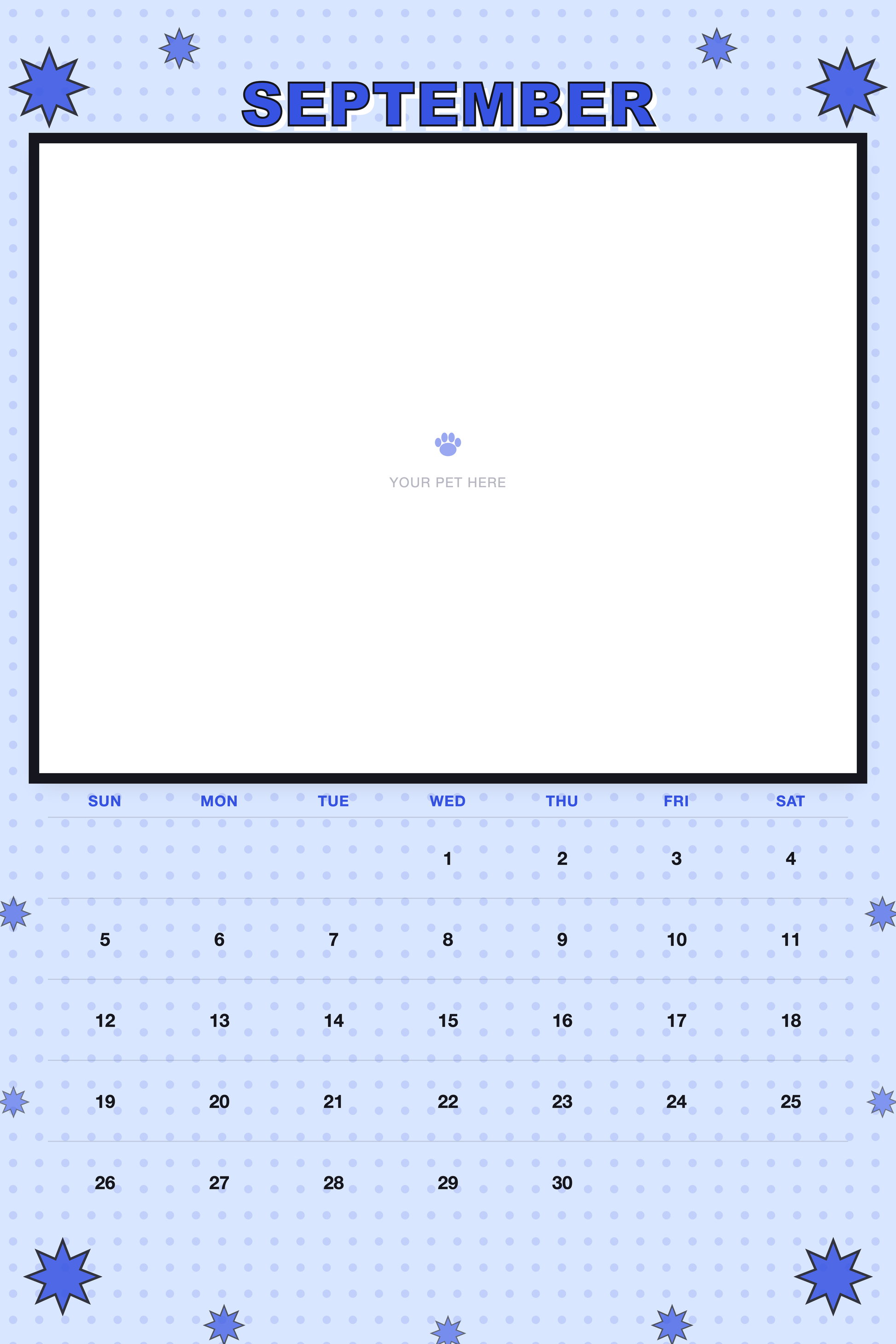 September page of the Personalized Pet Photo Calendar 2027 — XL Pop Art, with a photo area above the date grid