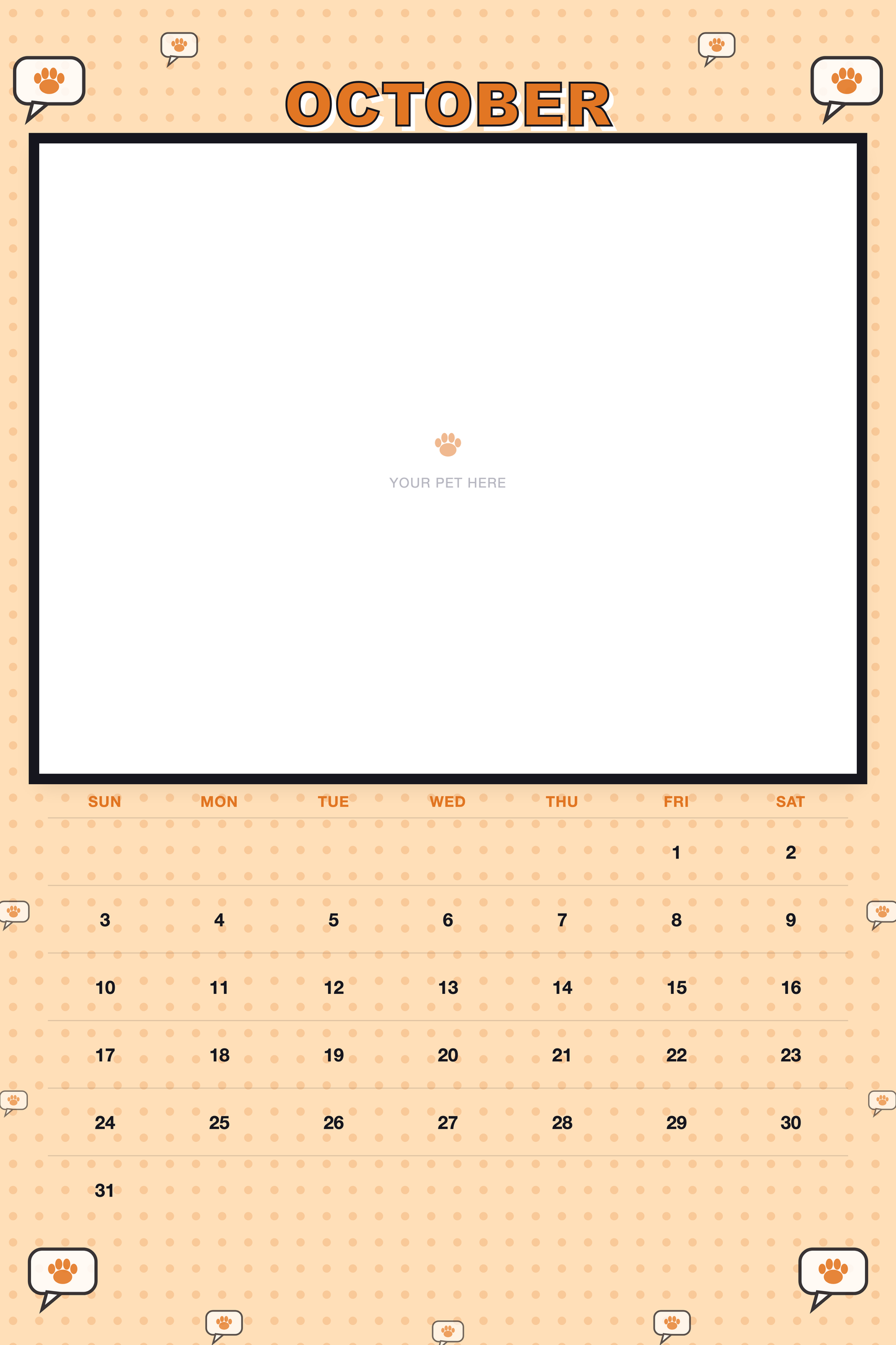 October page of the Personalized Pet Photo Calendar 2027 — XL Pop Art, with a photo area above the date grid