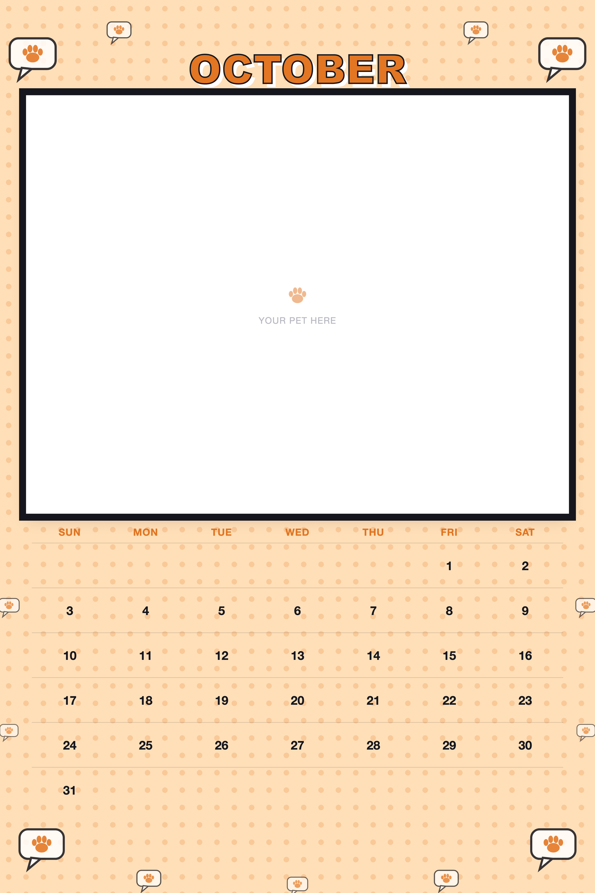 October page of the Personalized Pet Photo Calendar 2027 — XL Pop Art, with a photo area above the date grid