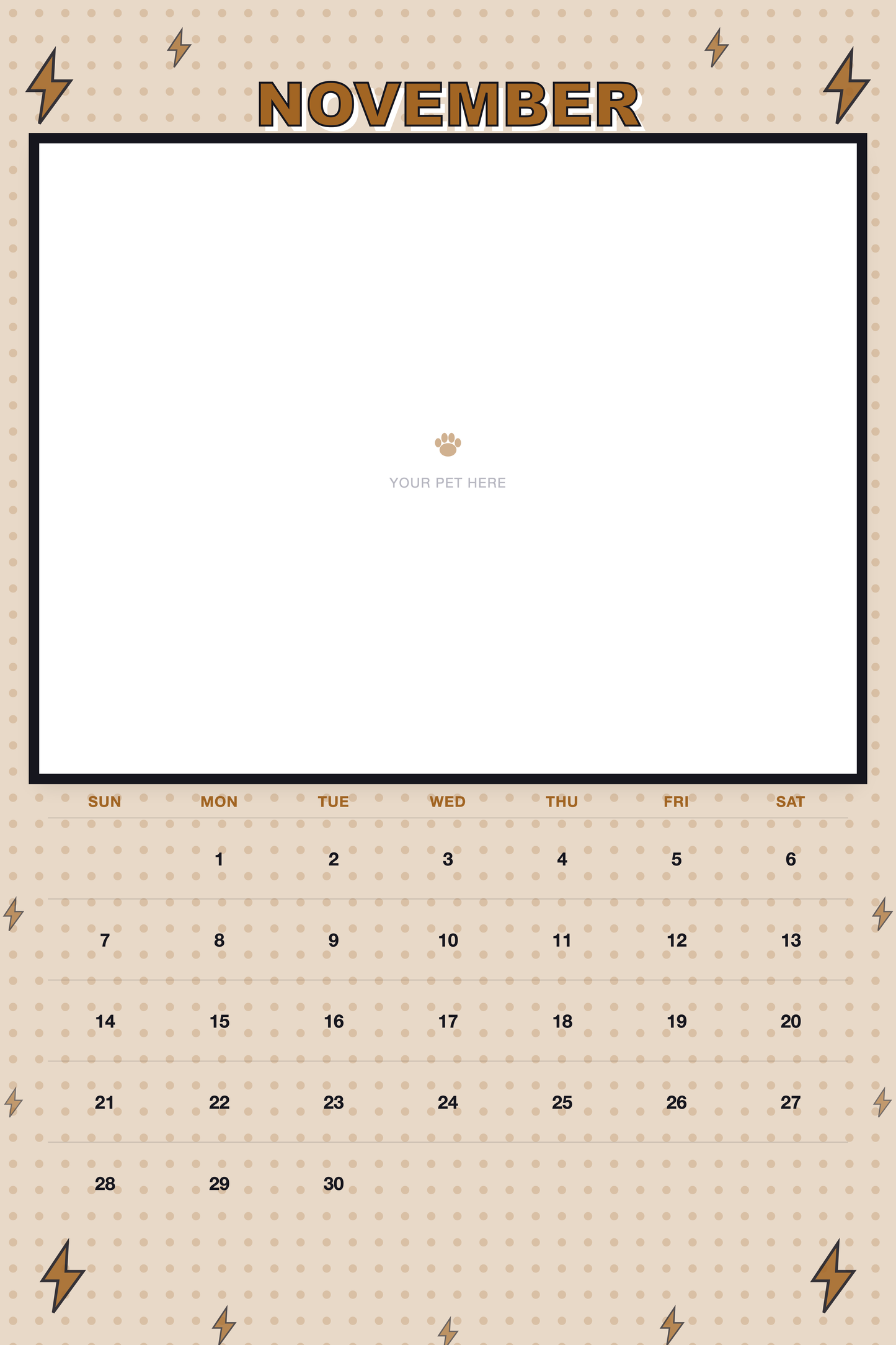 November page of the Personalized Pet Photo Calendar 2027 — XL Pop Art, with a photo area above the date grid