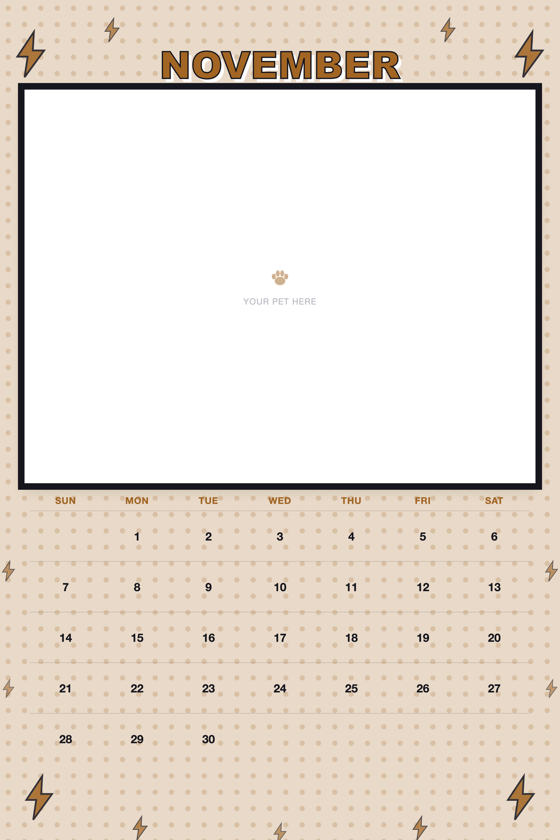 November page of the Personalized Pet Photo Calendar 2027 — XL Pop Art, with a photo area above the date grid