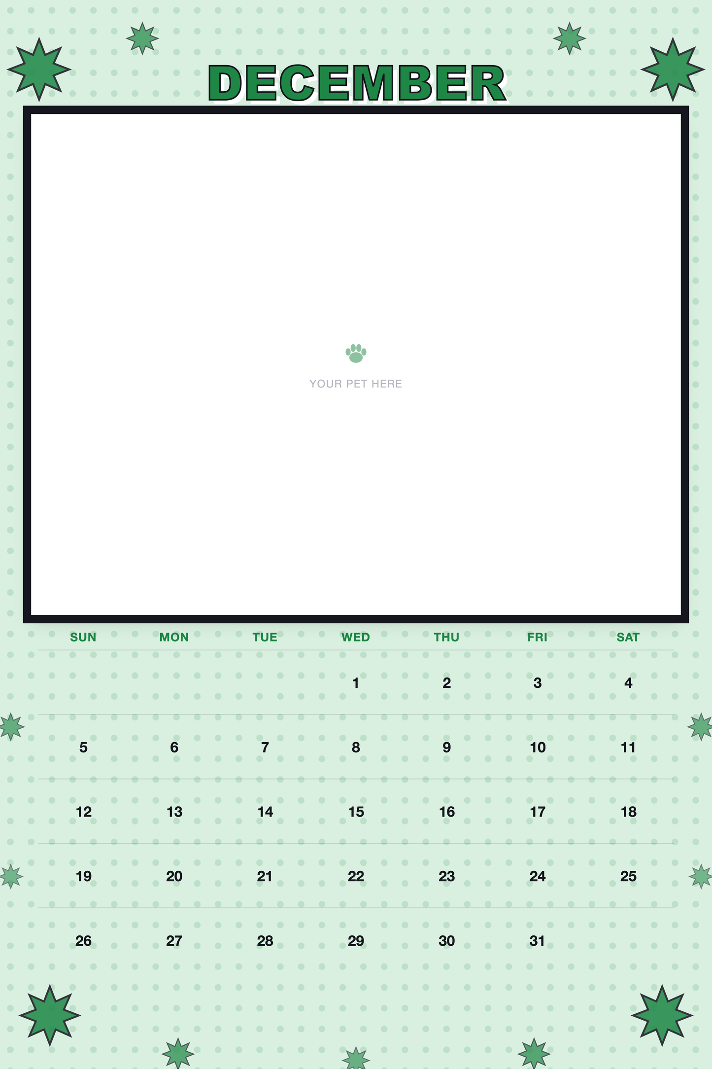 December page of the Personalized Pet Photo Calendar 2027 — XL Pop Art, with a photo area above the date grid