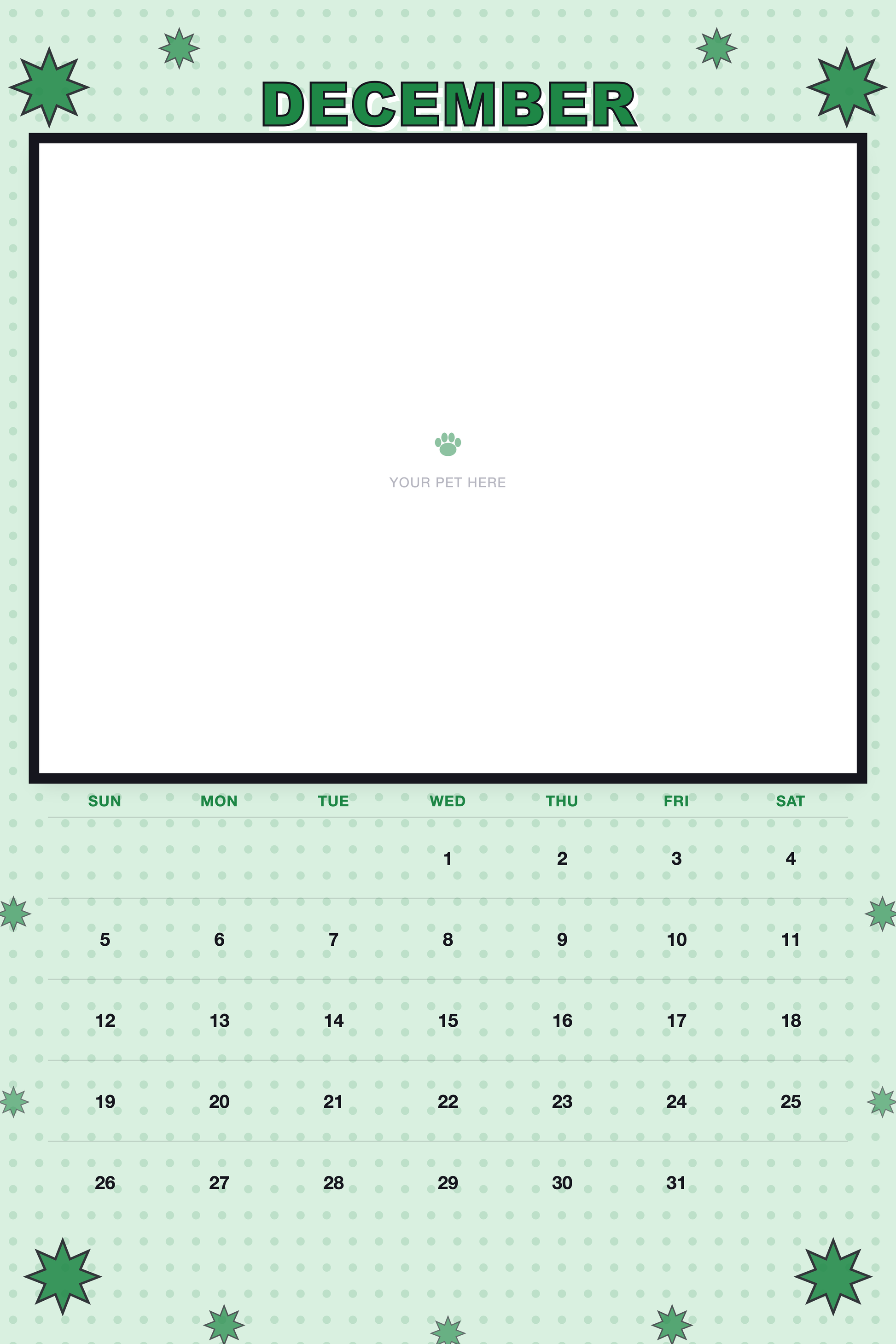 December page of the Personalized Pet Photo Calendar 2027 — XL Pop Art, with a photo area above the date grid