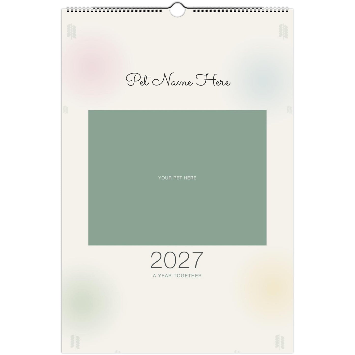 Watercolor Pet Photo Calendar 2027 — Botanical Keepsake (XL 11x16.5) shown with a sample pet photo on the cover