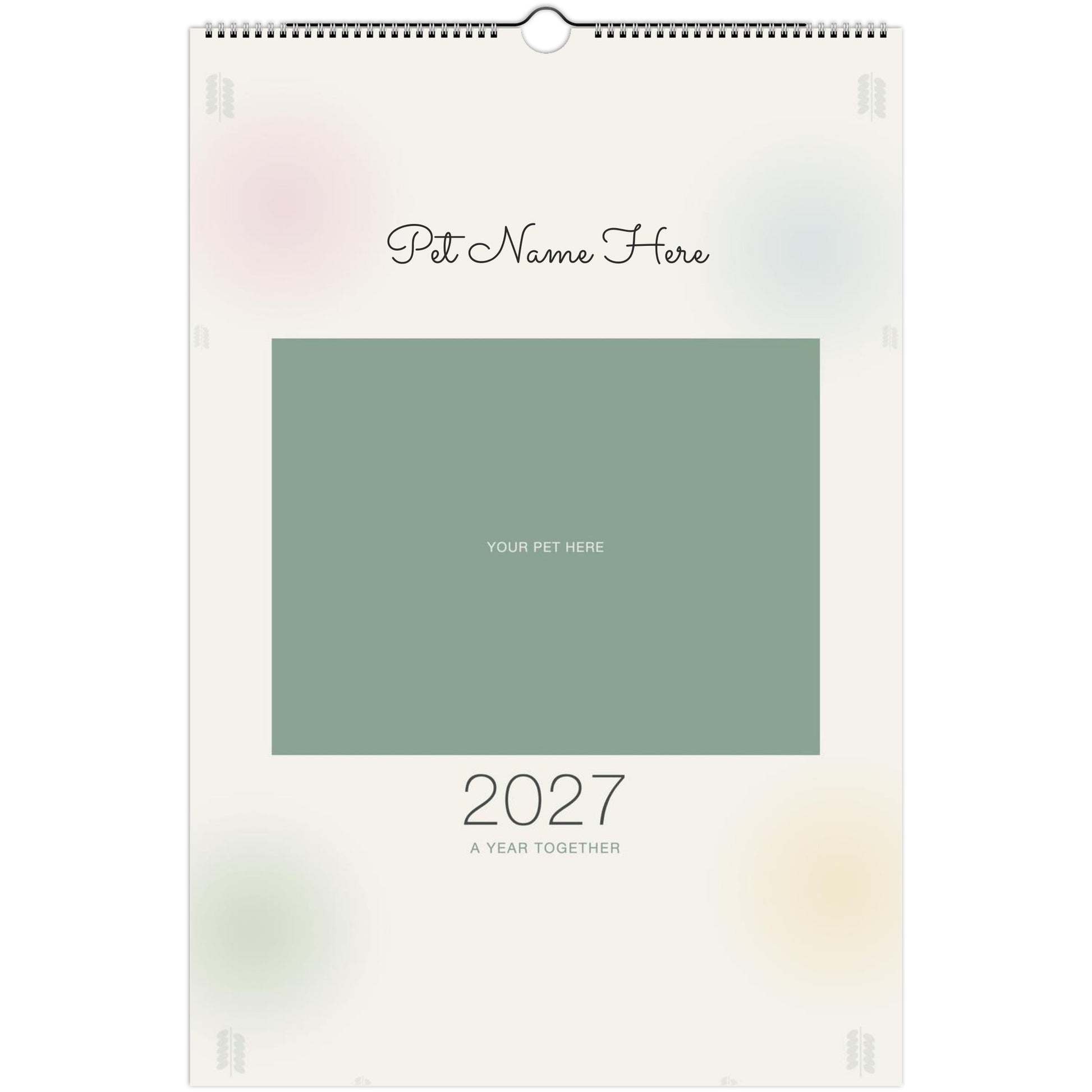 Watercolor Pet Photo Calendar 2027 — Botanical Keepsake (XL 11x16.5) shown with a sample pet photo on the cover