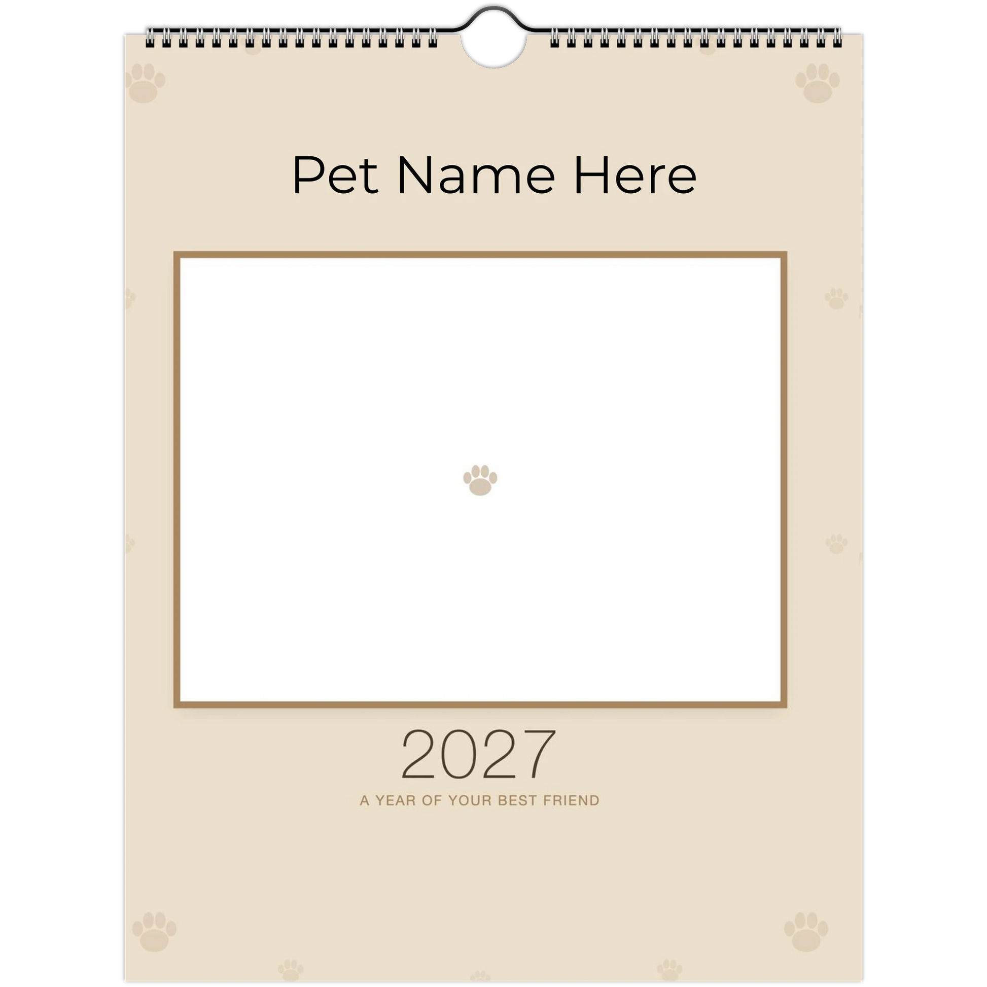 Personalized Pet Photo Calendar 2027 — Minimalist Linen shown with a sample pet photo on the cover