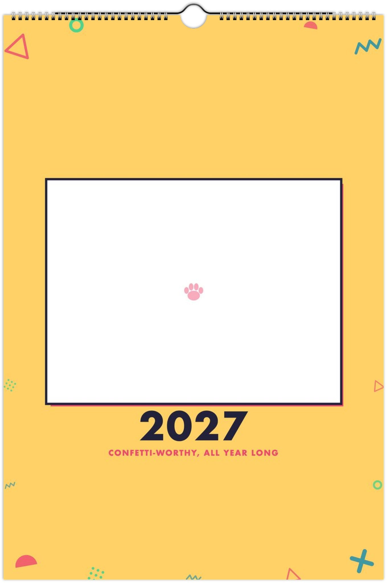 Personalized Pet Photo Calendar 2027 — XL Confetti Pop shown with a sample pet photo on the cover